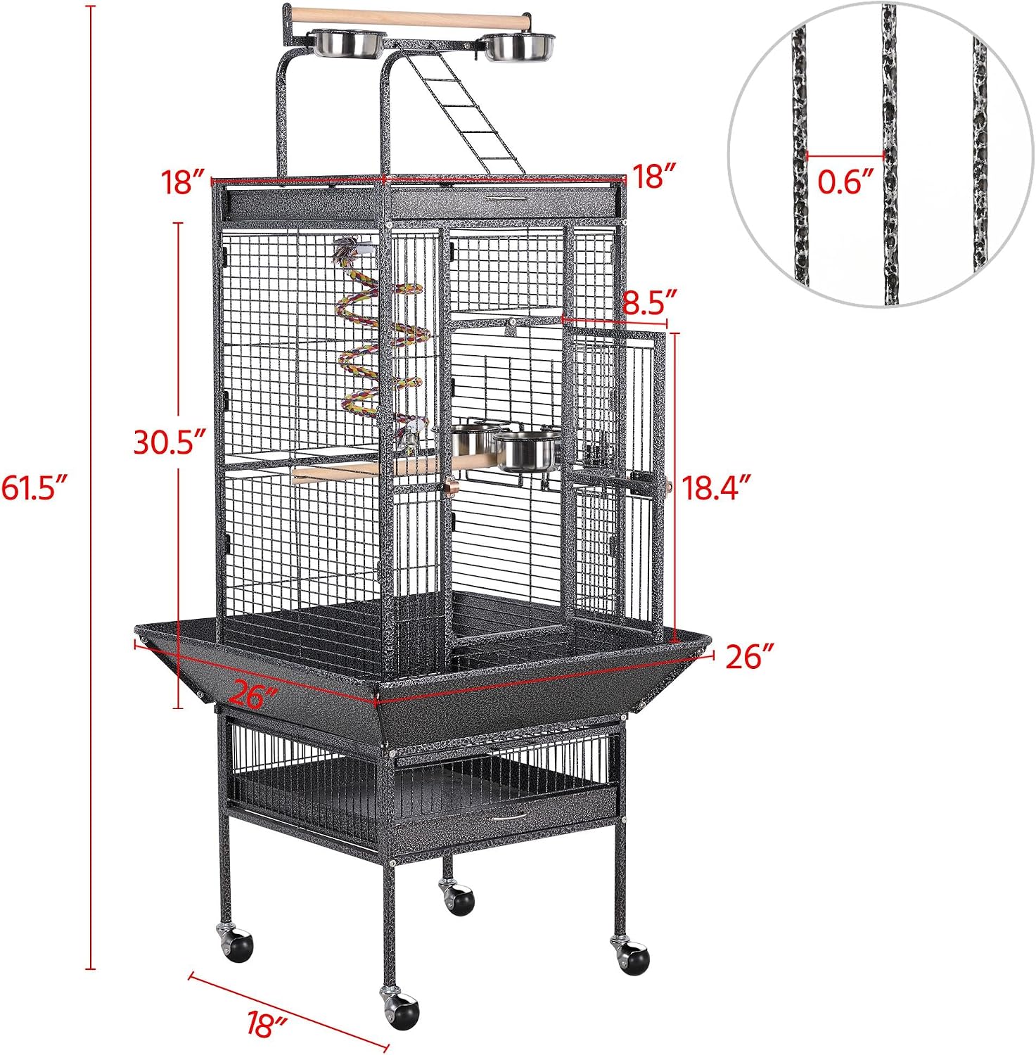 Yaheetech Wrought Iron Bird Cages, Play Top Large Aviary with Stand for Cockatiel Parrot Sun Parakeet Conures Lovebird Budgie Finch African Grey White, 61-inch