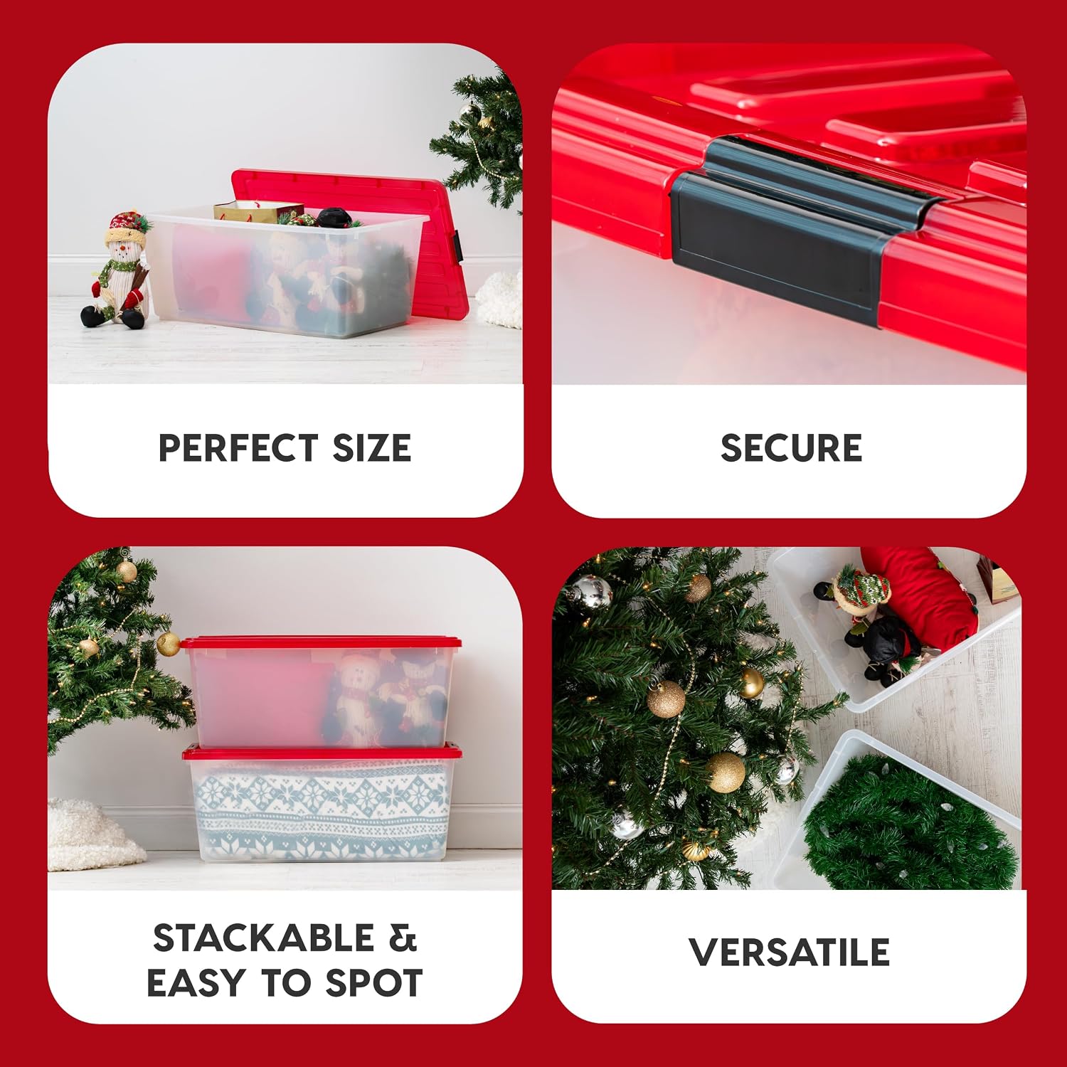 IRIS USA 2-Pack Holiday Ornament Storage Box with Attached Lid, Clear/Red