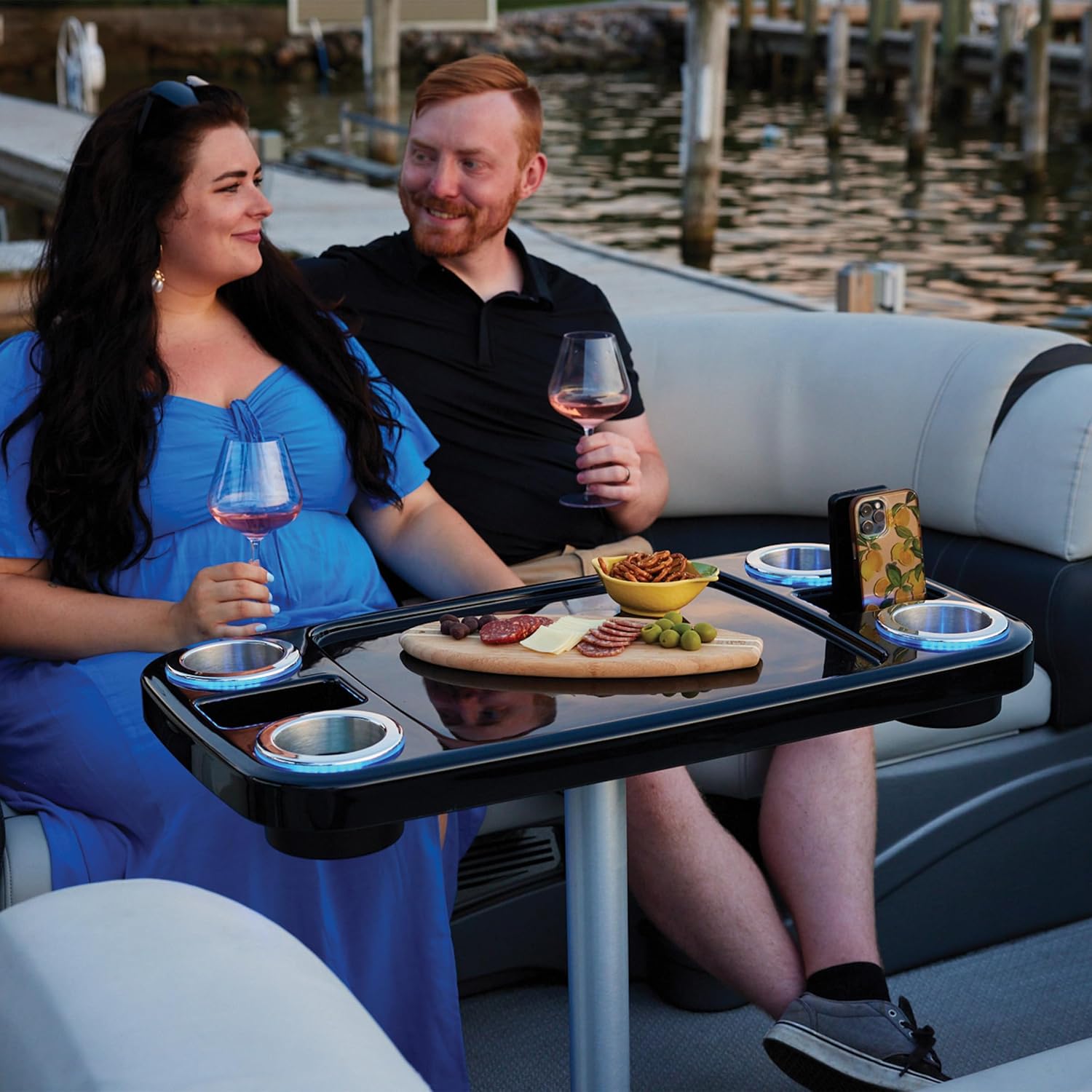 Manufacturers' Select Battery Op Lit Marine Boat Table Leg Set. Large Top with Blue LED Drink Holder. Pontoon Accessories
