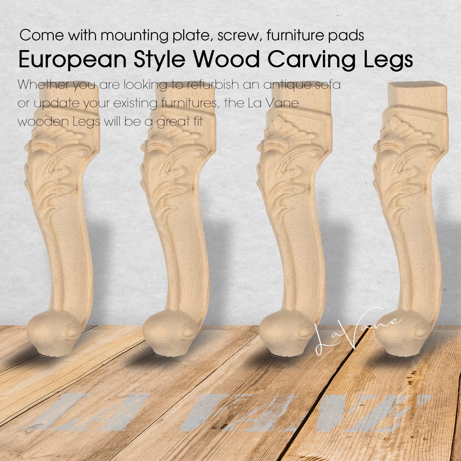 La Vane 6 inch / 15cm Wooden Furniture Legs, Set of 4 European Style Solid Wood Carving Furniture Replacement Feet Decoration for Sofa Cabinet Wardrobe Table Loveseat