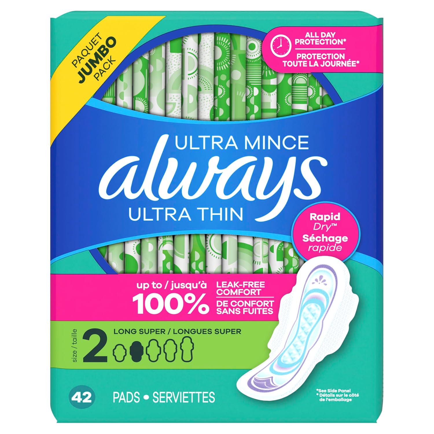 Always Ultra Thin Pads with Wings, Size 2, Long Super, 42 Count