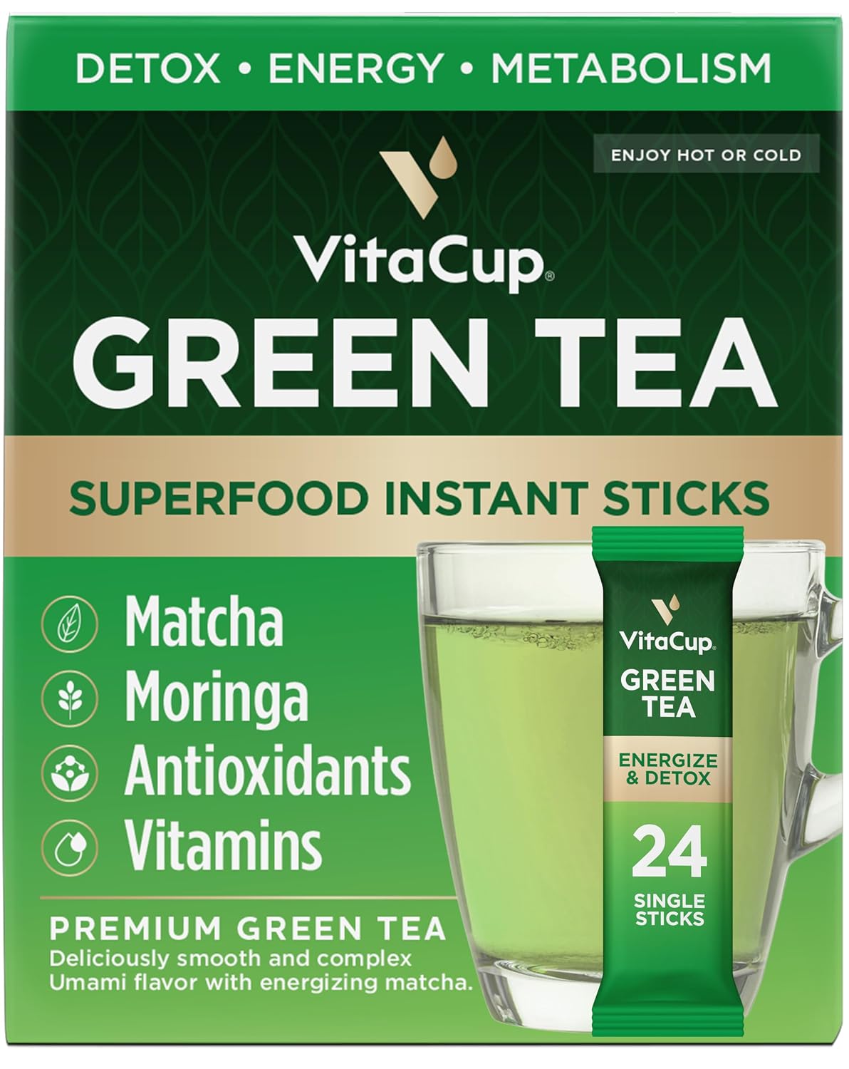 VitaCup Green Tea Instant Packets with Matcha, 16ct | B Vitamins, D3
