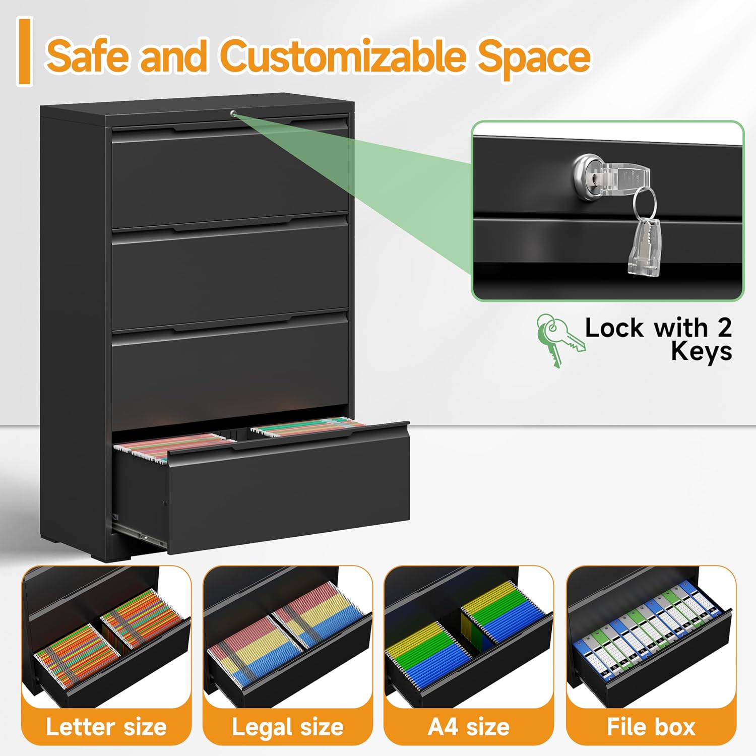 3 Drawer File Cabinet with Lock,Filing Cabinets for Home Office,Metal Small File Cabinet for Letters/Legal/A4 Size, Assembly Required,Black 3 Drawer-15 W