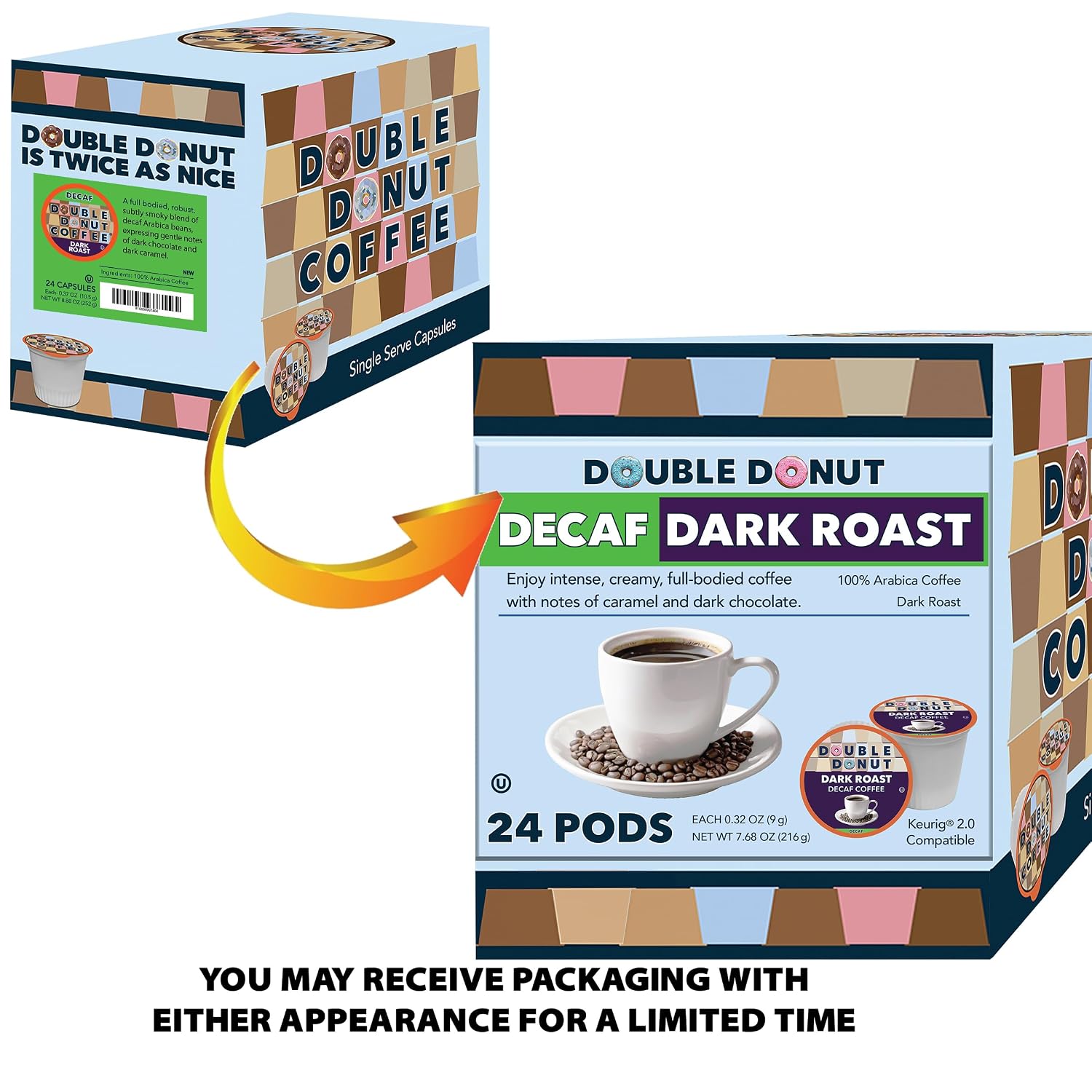 Double Donut Coffee Double Donut Medium Roast Decaf Coffee Pods, Classic, for Keurig K-Cup Machines, 24 Single-Serve Capsules per Box
