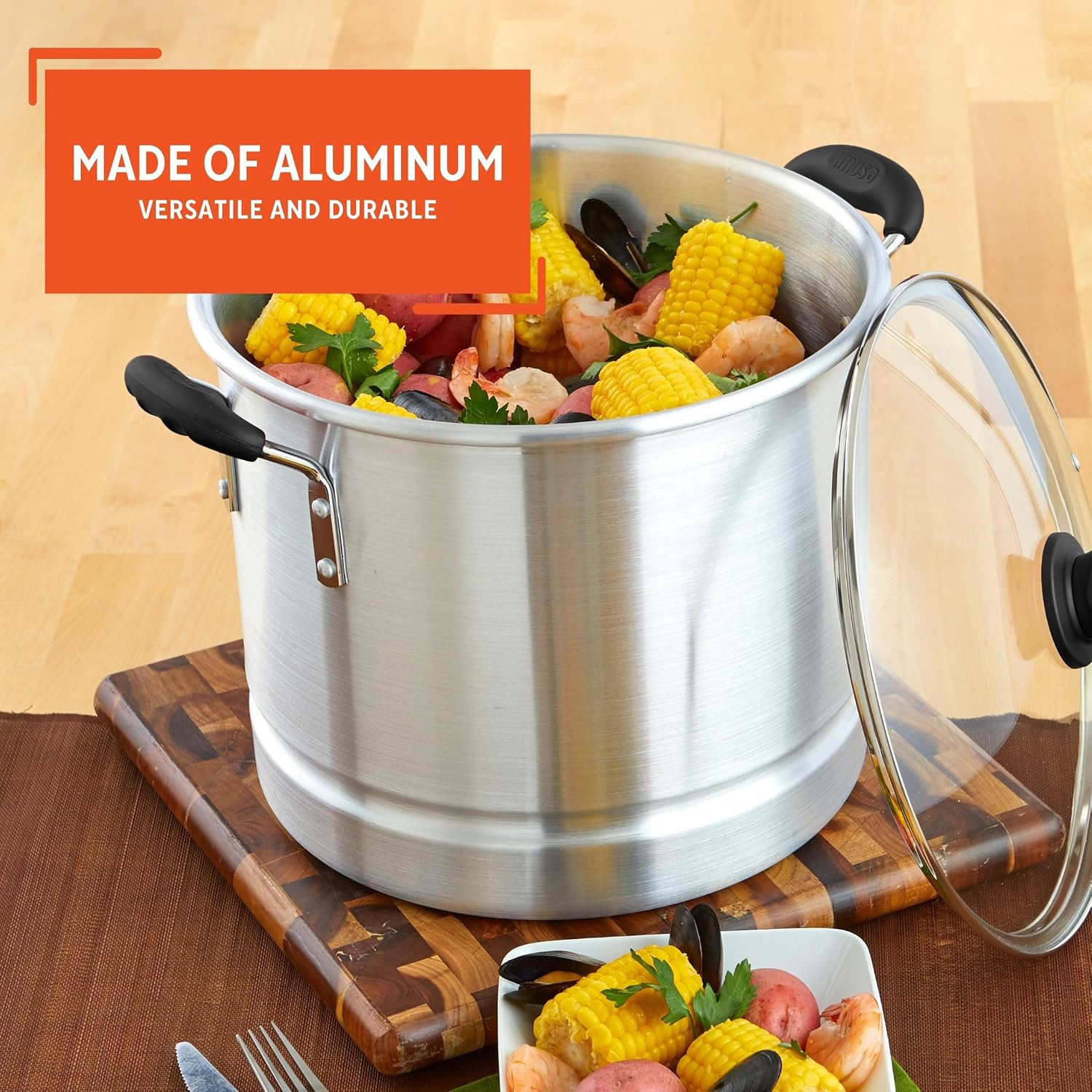 IMUSA USA Steamer with Glass Lid 20-Quart, Silver | Ideal for Tamales, Lobster