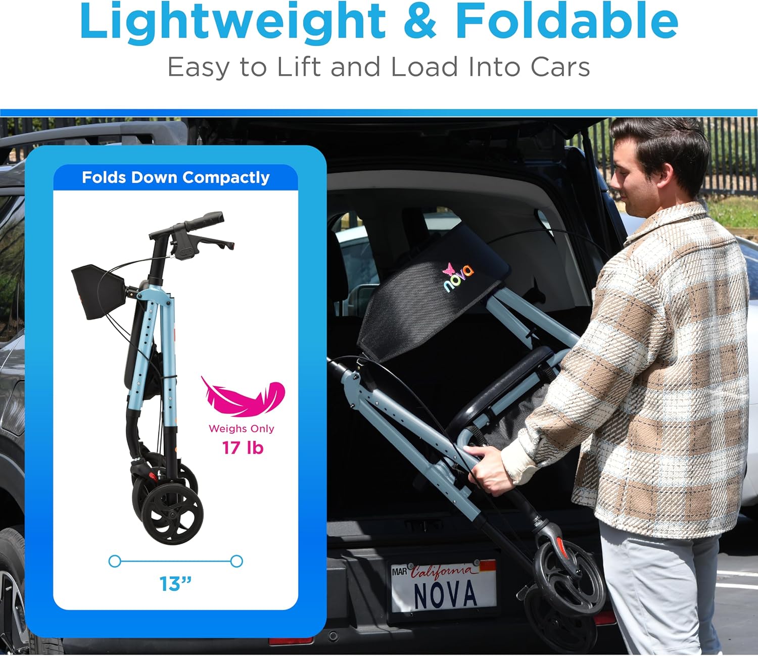 NOVA Star 8 Foldable Rollator Walker for Seniors (5'3"–6'2"), Wide Padded Backrest with Seat, 8” All-Terrain Wheels, Easy-Grip Locking Hand Brakes, Height Adjustable, Sky Blue