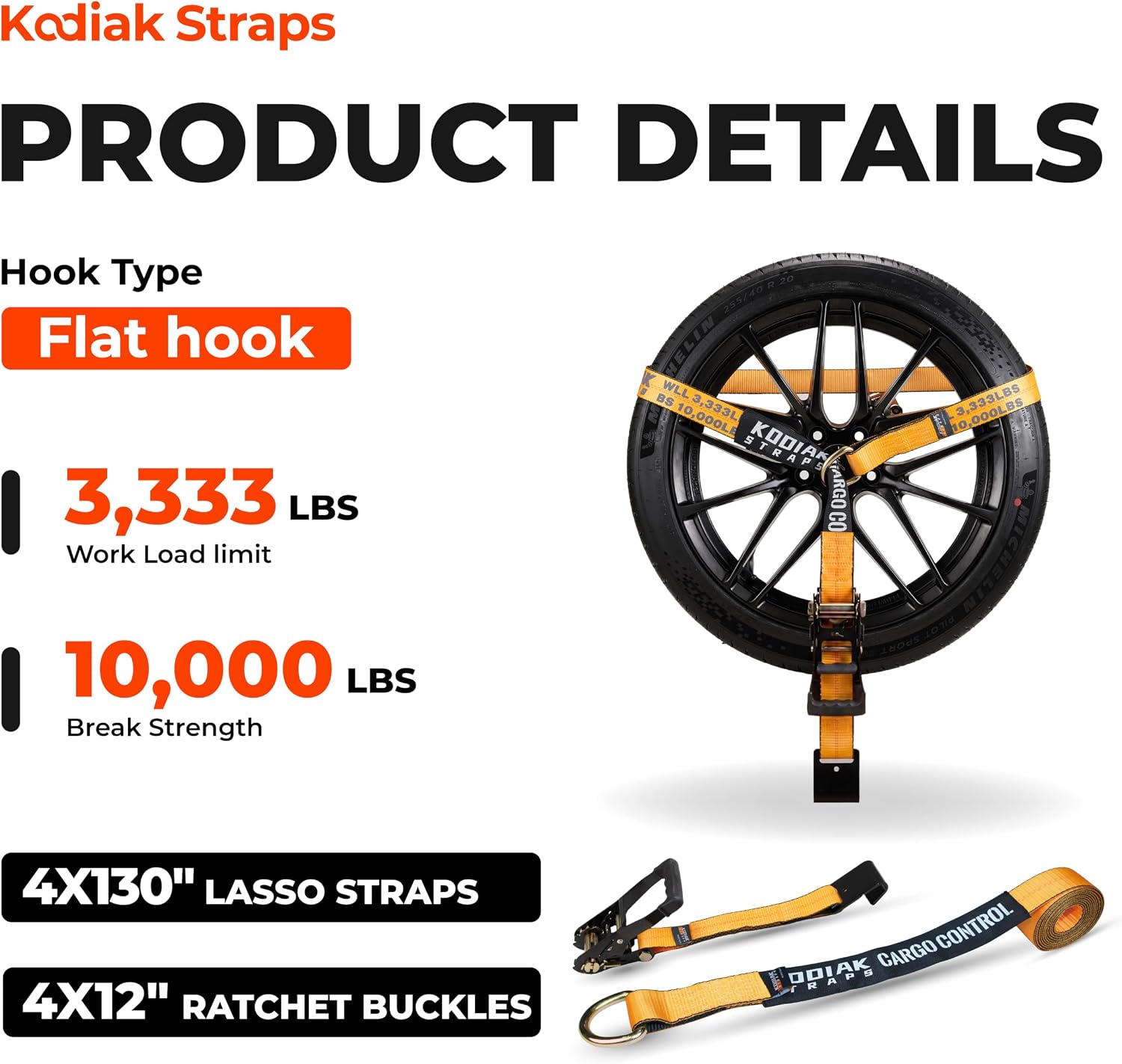 Adjustable Vehicle Tire Tie Down Straps Kit– 4pk Heavy Duty Tire Straps with Snap Hooks 10