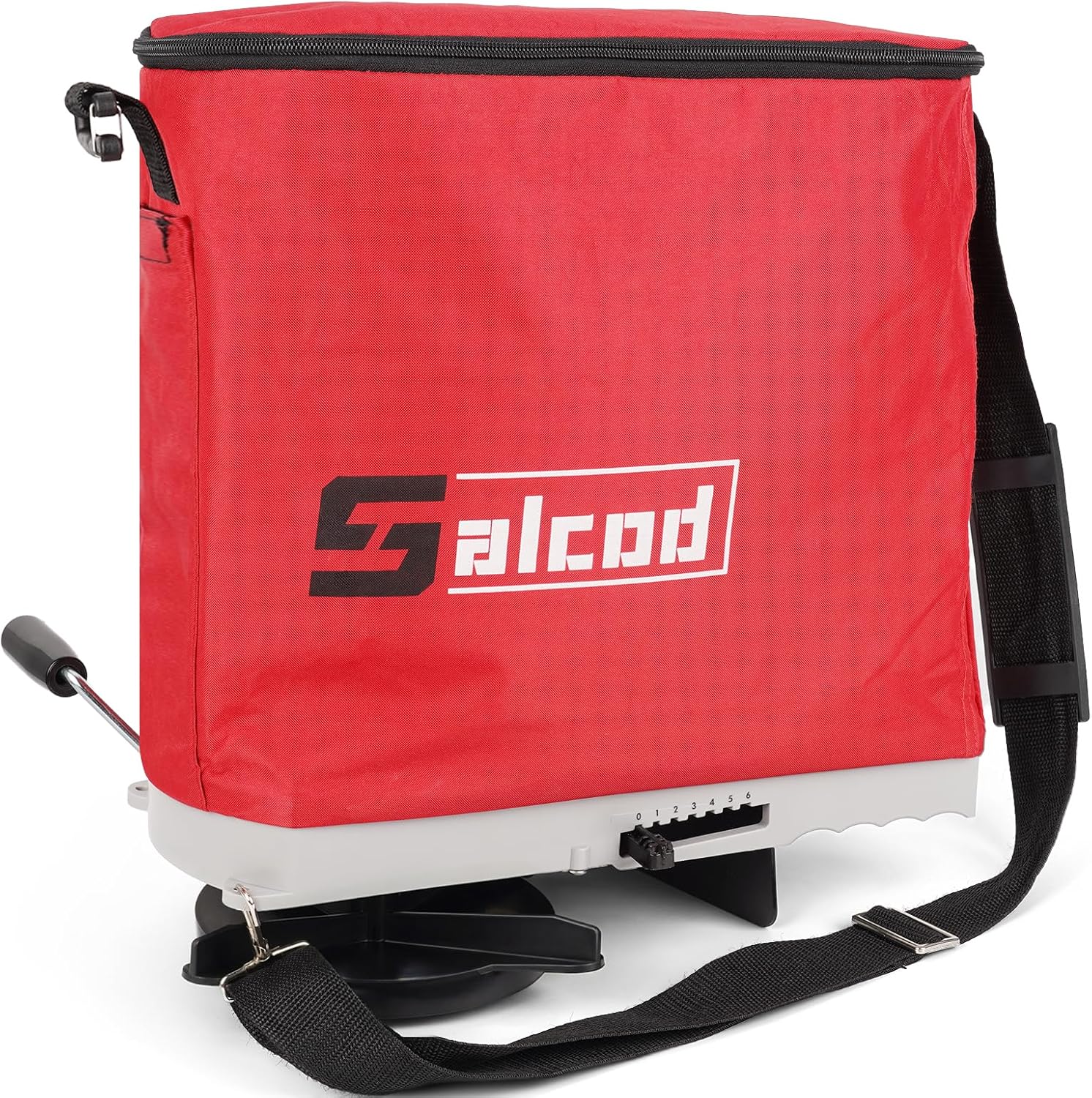 Salcod 25 lb Bag Seed Spreader, Handheld Broadcast Fertilizer Spreader, Red | Waterproof Bag, Enclosed Gears, Rear Baffle, Adjustable Shoulder Strap