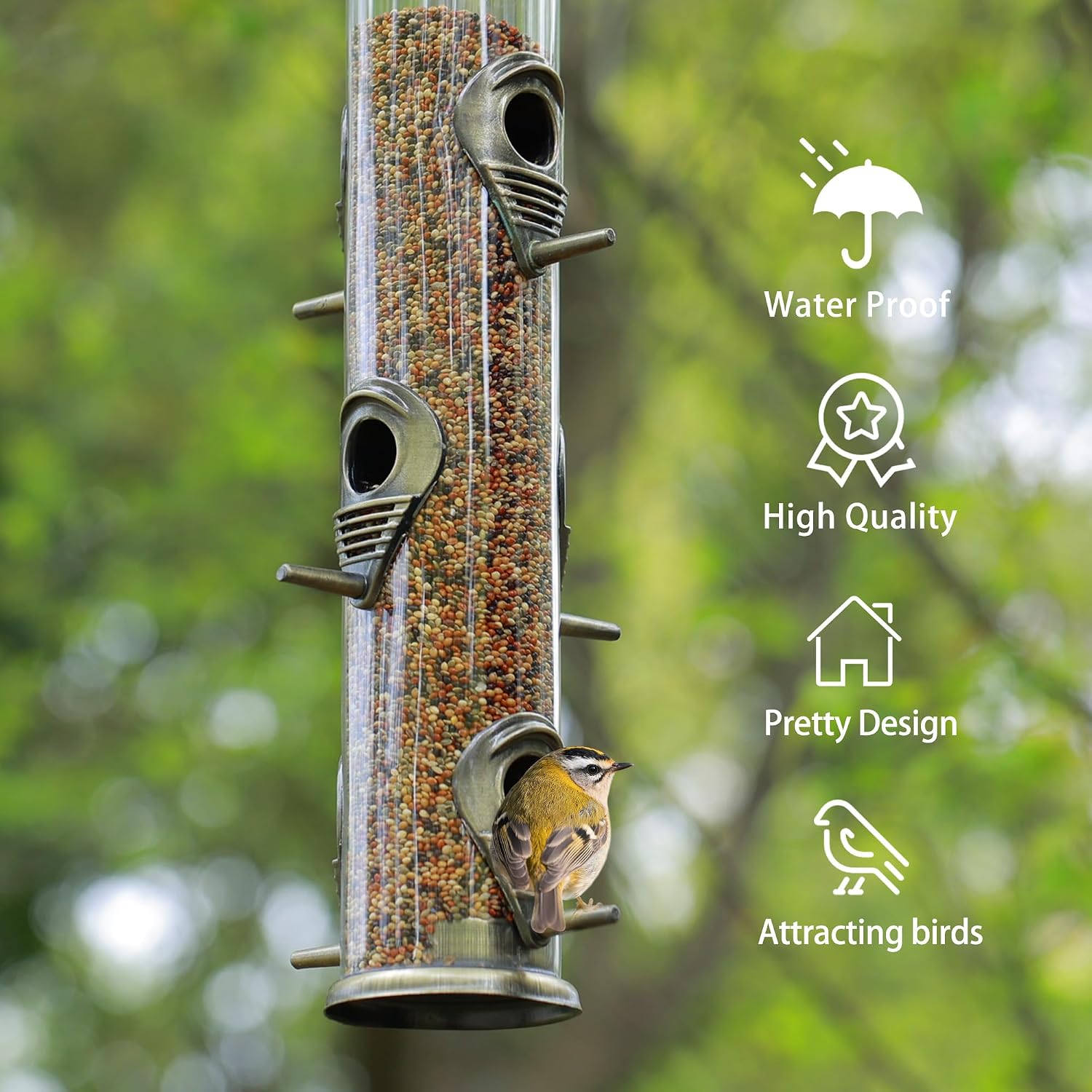 MIXXIDEA 1PK Metal Bird Feeders with 6 Feeding Ports, Tube Bird Feeder with Steel Hanger, Hard Plastic Wild Bird Feeder for Outdoors Hanging
