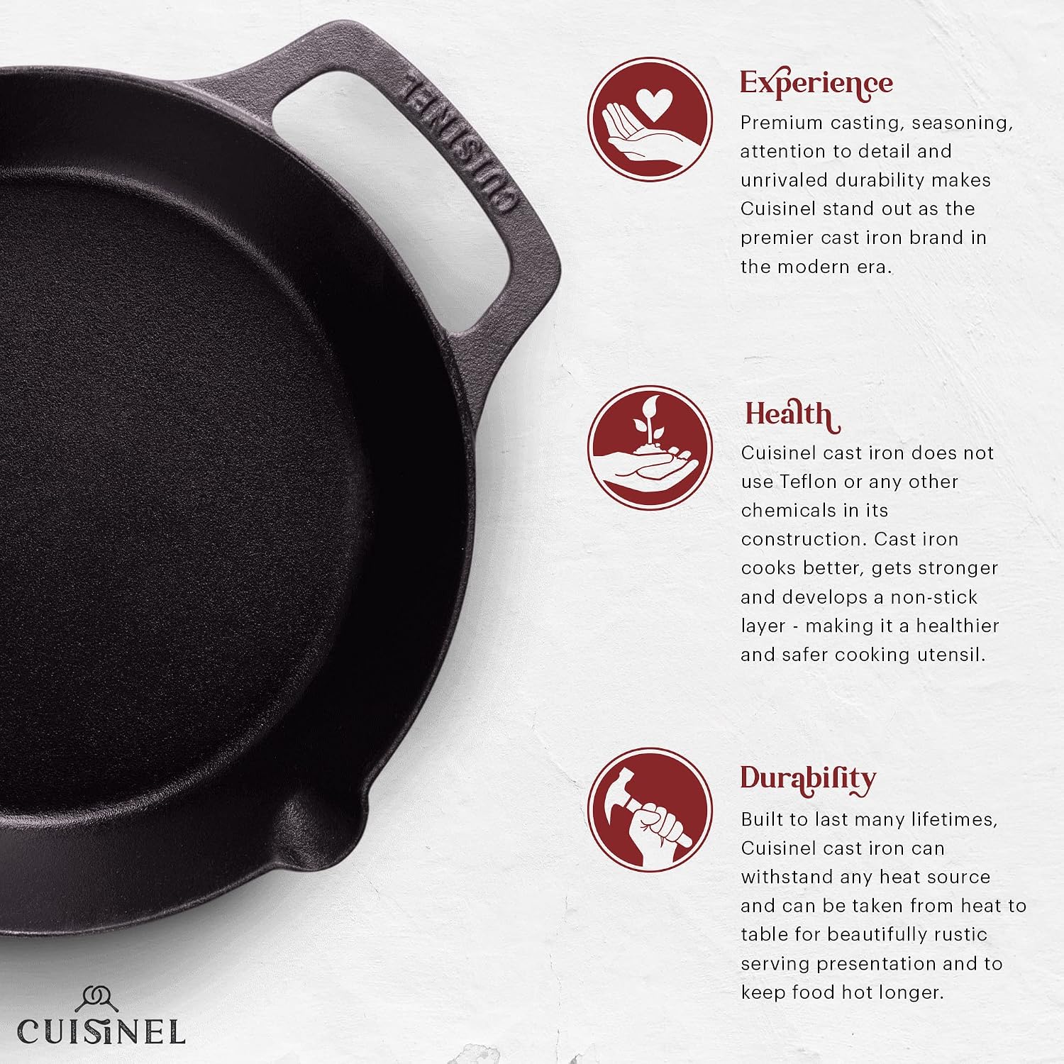 Cuisinel Cast Iron Skillet with Lid - 10"-Inch Pre-Seasoned Frying Pan + Glass Cover + Heat-Resistant Handle Holder - Indoor/Outdoor Use - Grill, Stove, Camp Firepit, Induction - Oven Safe Cookware