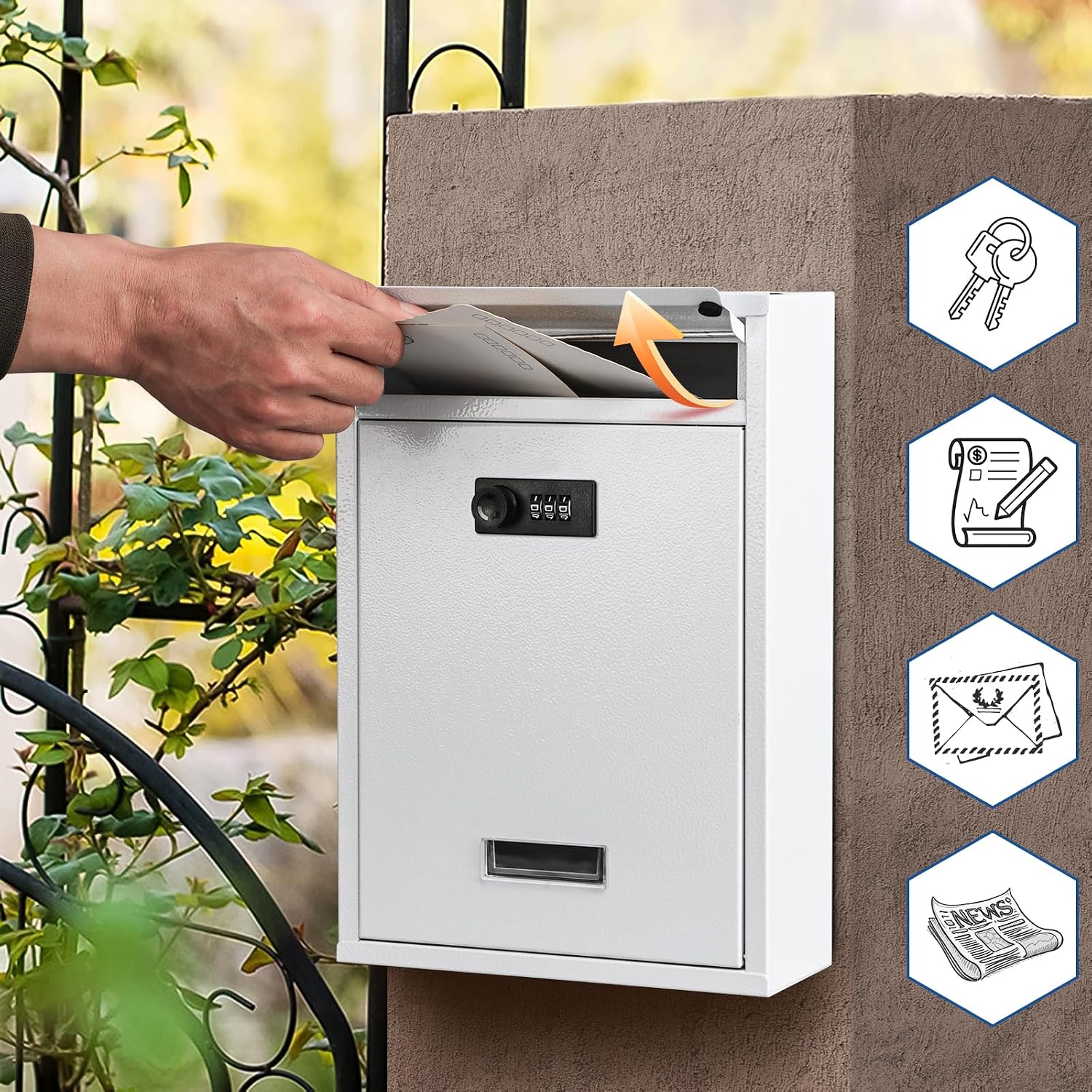 KYODOLED Mailbox for Outside, Wall Mount Locking Mailbox, Security Drop Box with Key Lock for Letters, Cash, Cards, Steel Mail Box for House Office School, 12.4H x 8.54L x 3.35W Inches, Black