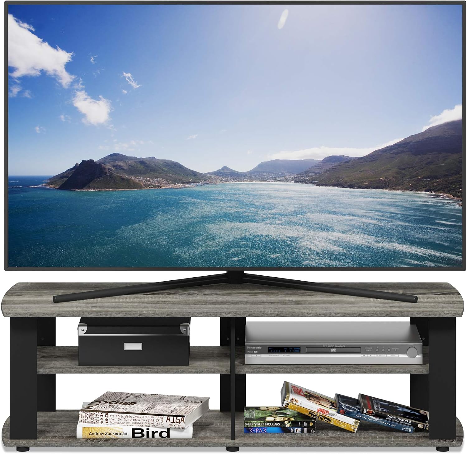 Furinno Nelly TV Stand, 3-Tier Entertainment Center with Open Shelves Storage, TV Console for TV up to 55 Inch, Soft Edges, for Living Room, Bedroom, Black
