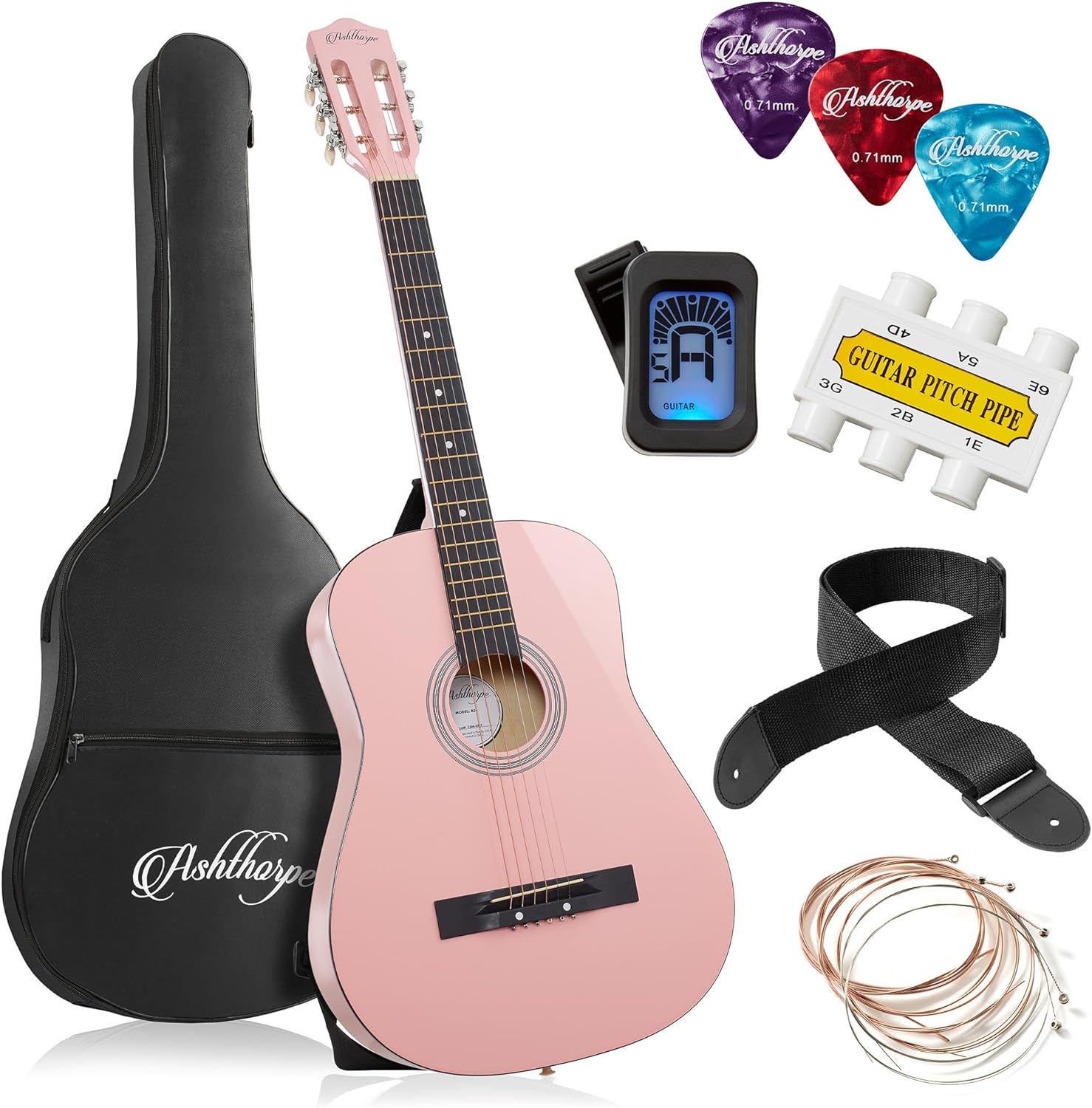 Ashthorpe 38-inch Beginner Acoustic Guitar (Red), Starter Kit with Gig Bag, Extra Strings, Strap, Picks, and Lessons