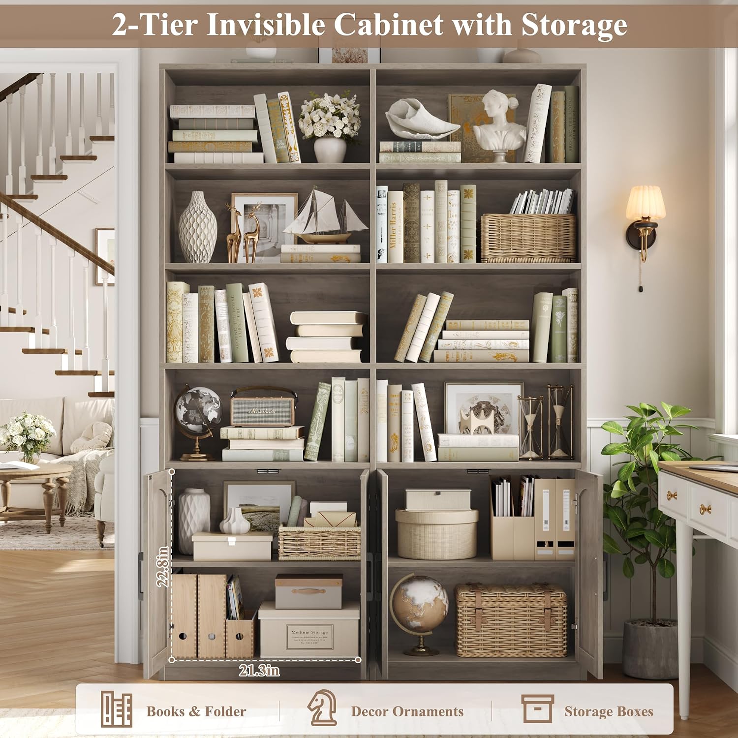Bookshelf and Bookcase with Doors, Double Wide Large Bookshelves | Industrial Open Display Shelves 6 Tier, 73'' Tall Bookshelf with Storage Cabinets for Office,Home, Living Room, Library,White