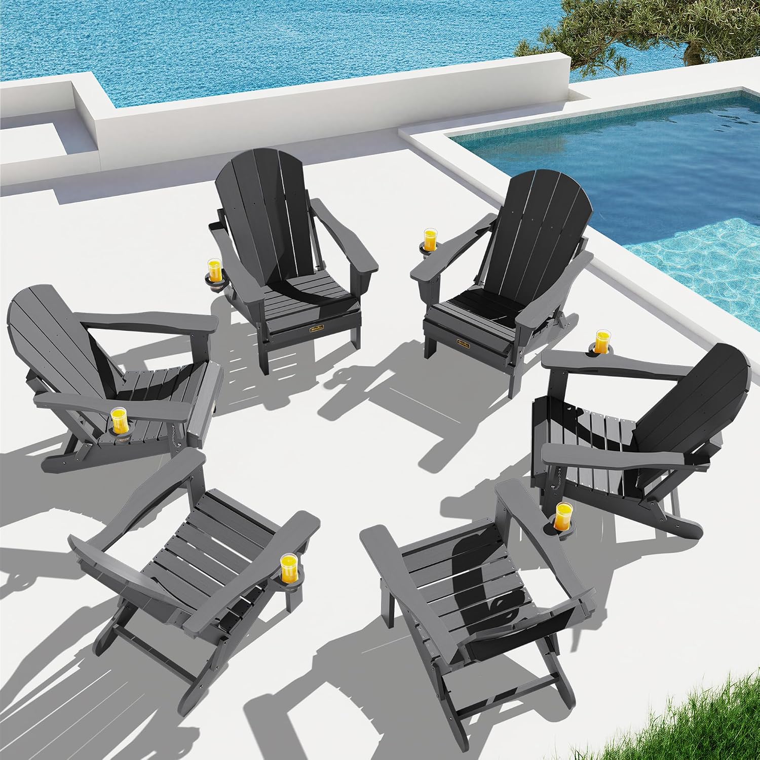SERWALL Folding Adirondack Chairs with Cup Holder, Outdoor Fire Pit - Blue