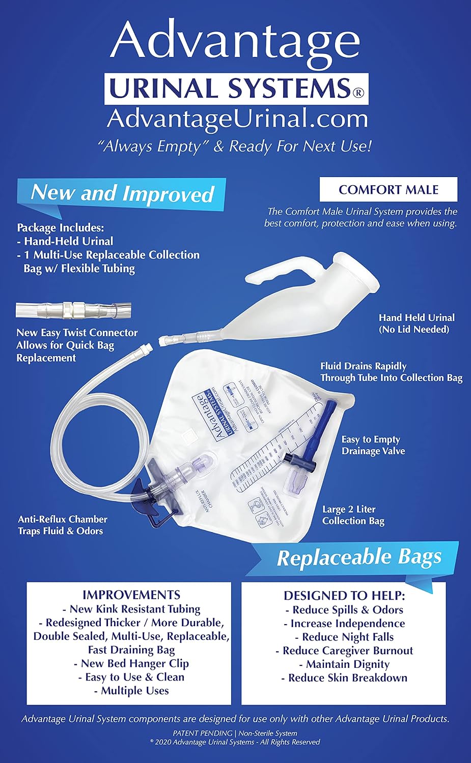 Comfort Male Fit Reusable Portable Male Advantage Urinal System with Spill Proof Collection Bag