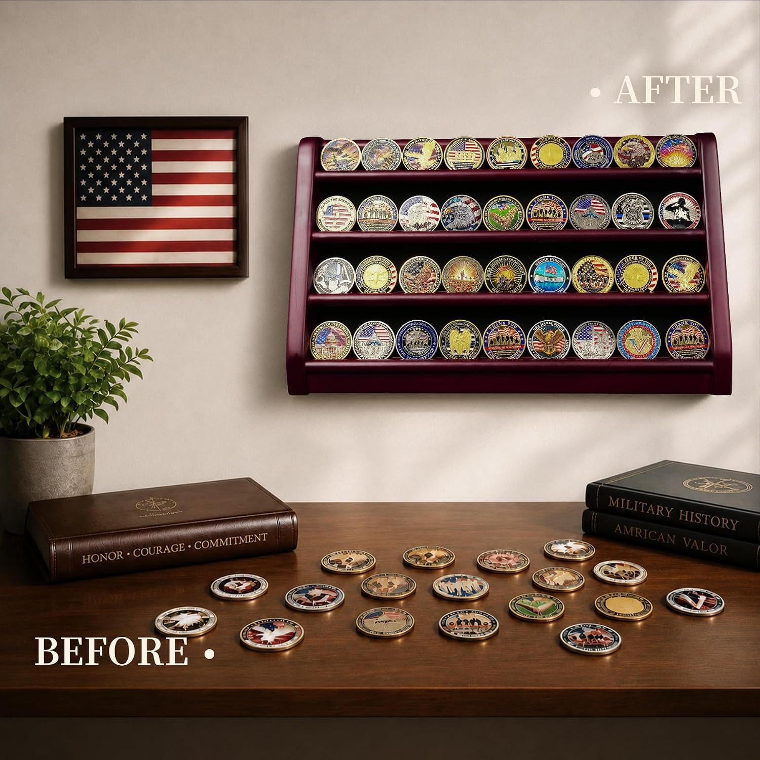 ASmileIndeep 3 Rows Wooden Challenge Coin Wall Display Stand - Military Coin Holder Army Coins Rack, Holds 21-24 Coins, Mahogany