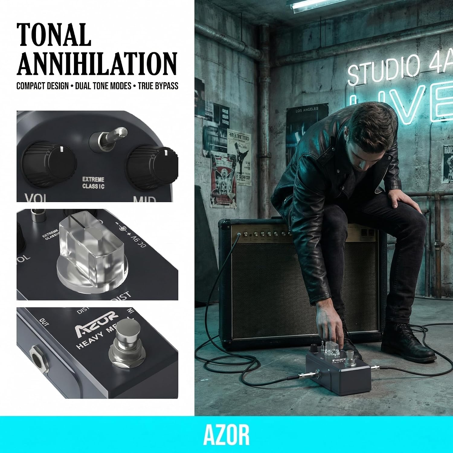 AZOR 5 Band Bass EQ Pedal, Aluminium Alloy True Bypass Equalizer Effect Pedal, Compact Mini Tone Control Pedal for Electric Bass Guitar