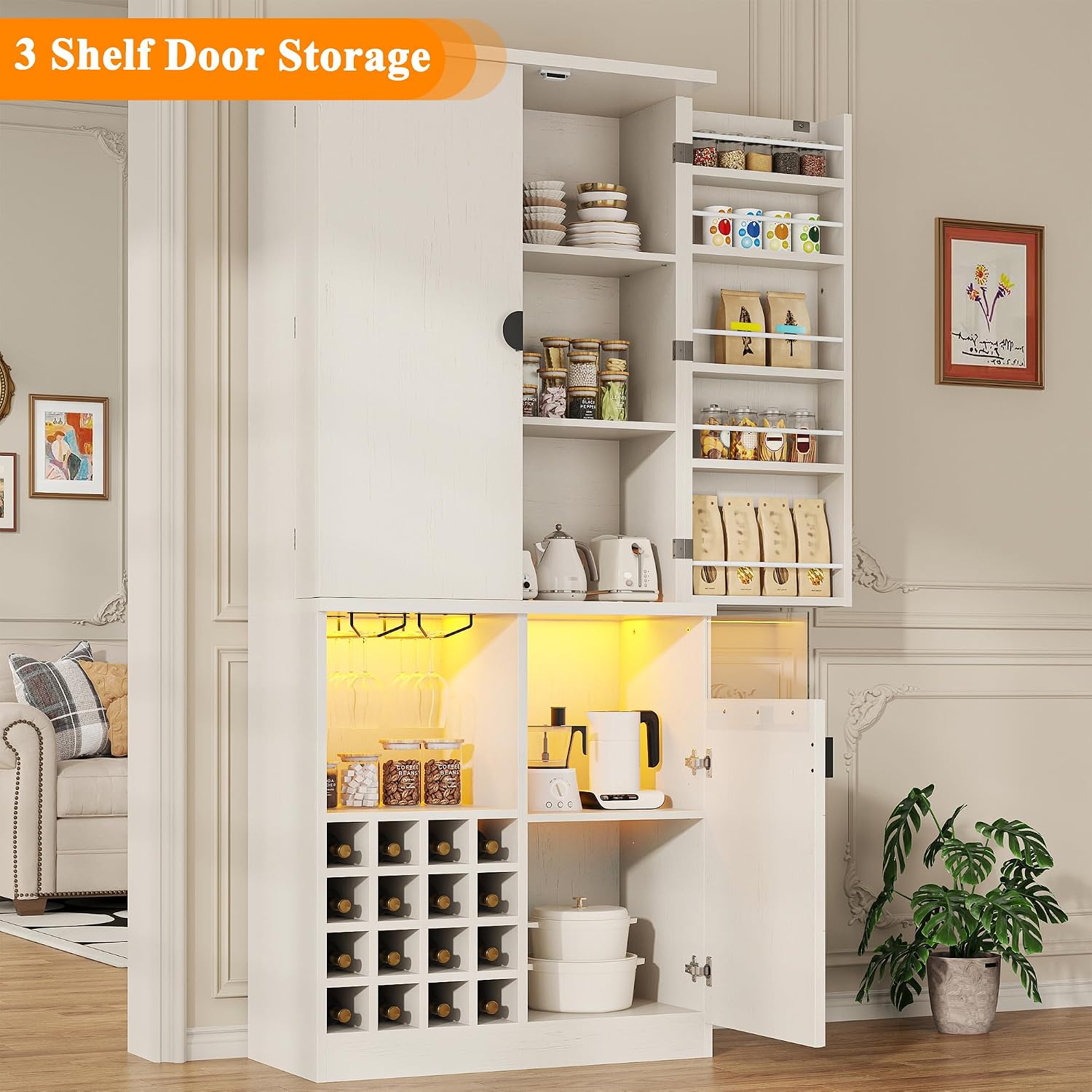 kepptory 47” Pantry Cabinet, Kitchen Pantry Storage Cabinet with Doors and Adjustable Shelves,Freestanding Buffet Cupboards Sideboard for Living Room and Dinning Room (White)