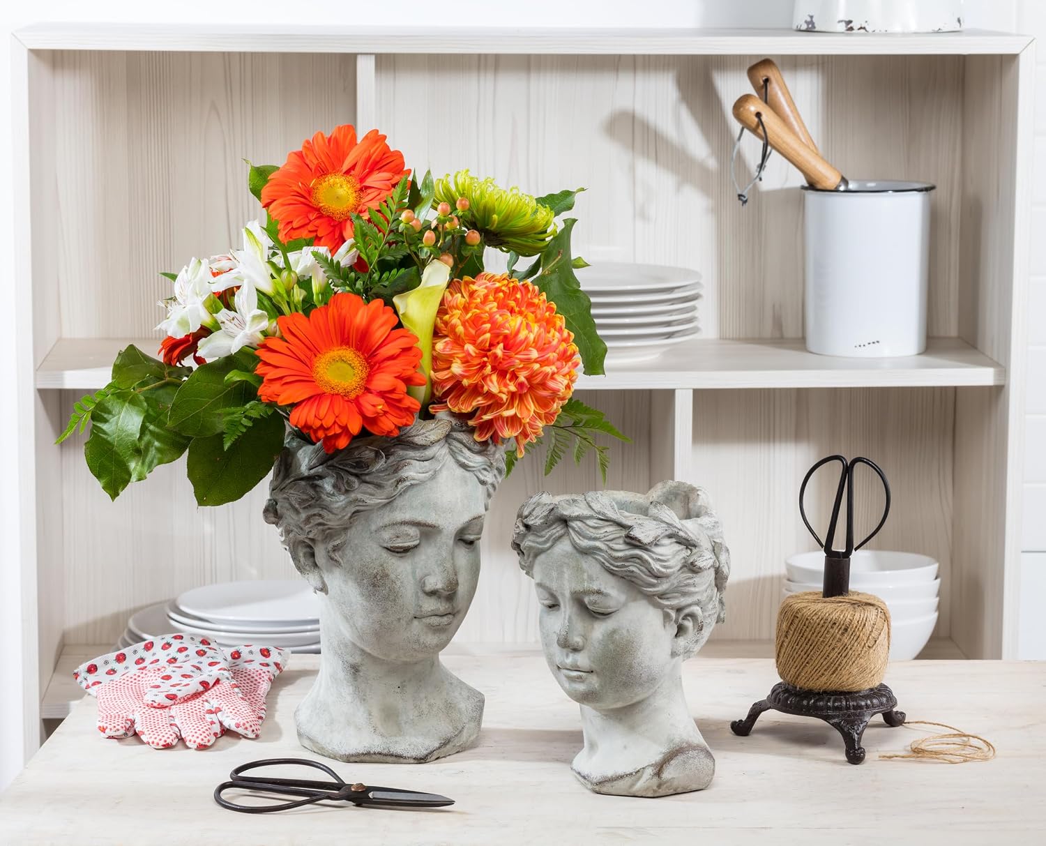 Abbott Collection Large Woman Head Planter | Hand-Finished Greco-Roman Style, Indoor & Outdoor, For Flowers & Succulents, Cement, Gray, 10"H