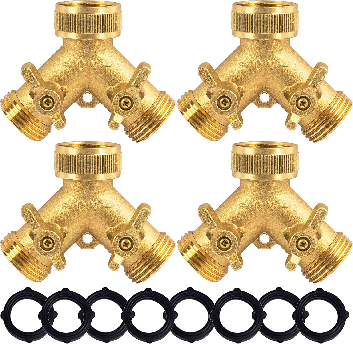 Hourleey Brass Garden Hose Splitter (4 Way), Solid Brass Hose Connector 3/4", Hose Spigot Adapter 4 Valves with 4 Extra Rubber Washers