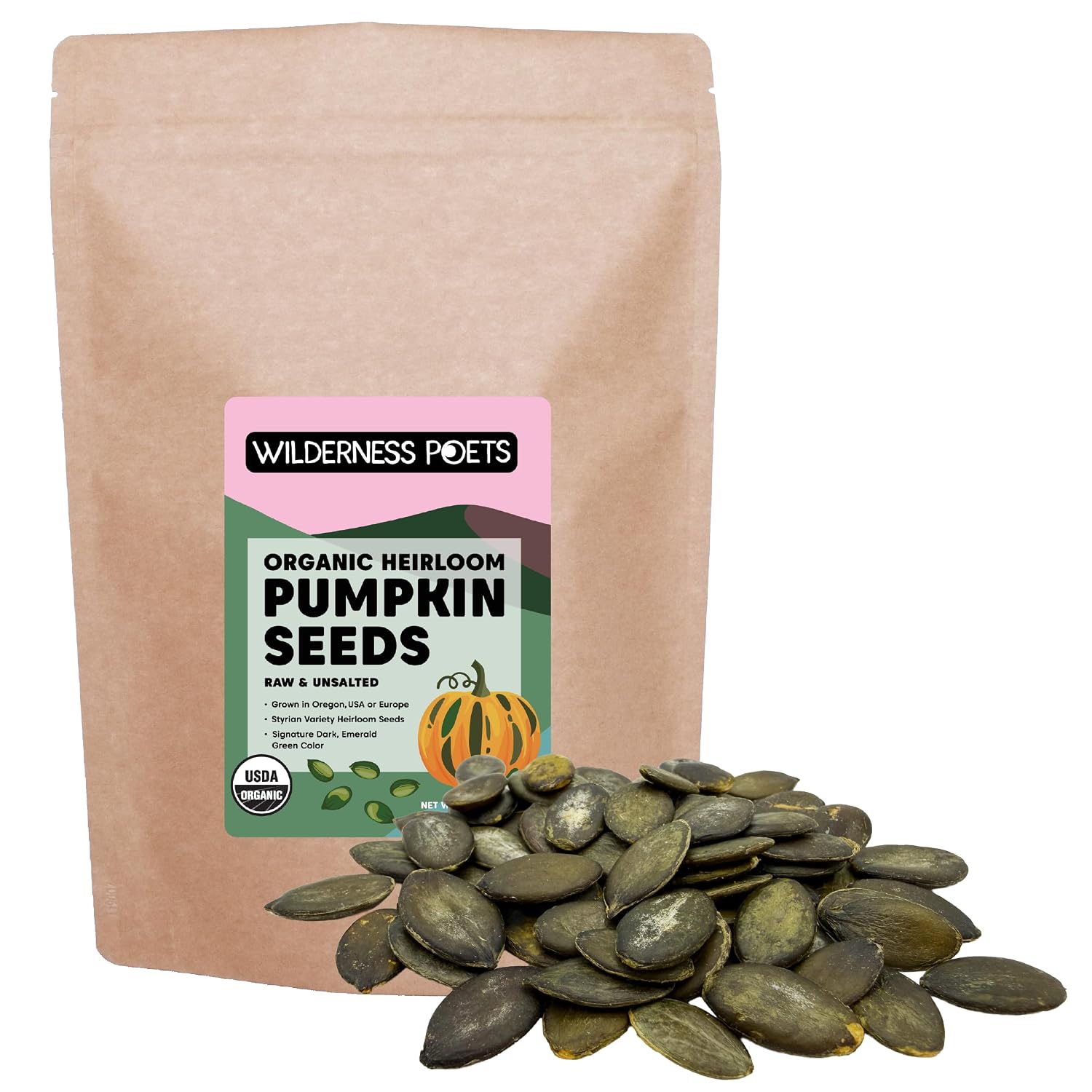 Wilderness Poets, Organic Heirloom Pumpkin Seeds - Styrian Variety, No Shells, Naturally Hulless. Unsalted, Bulk Size, Grown in Oregon, USA or Europe (32 Ounce - 2 Pound)