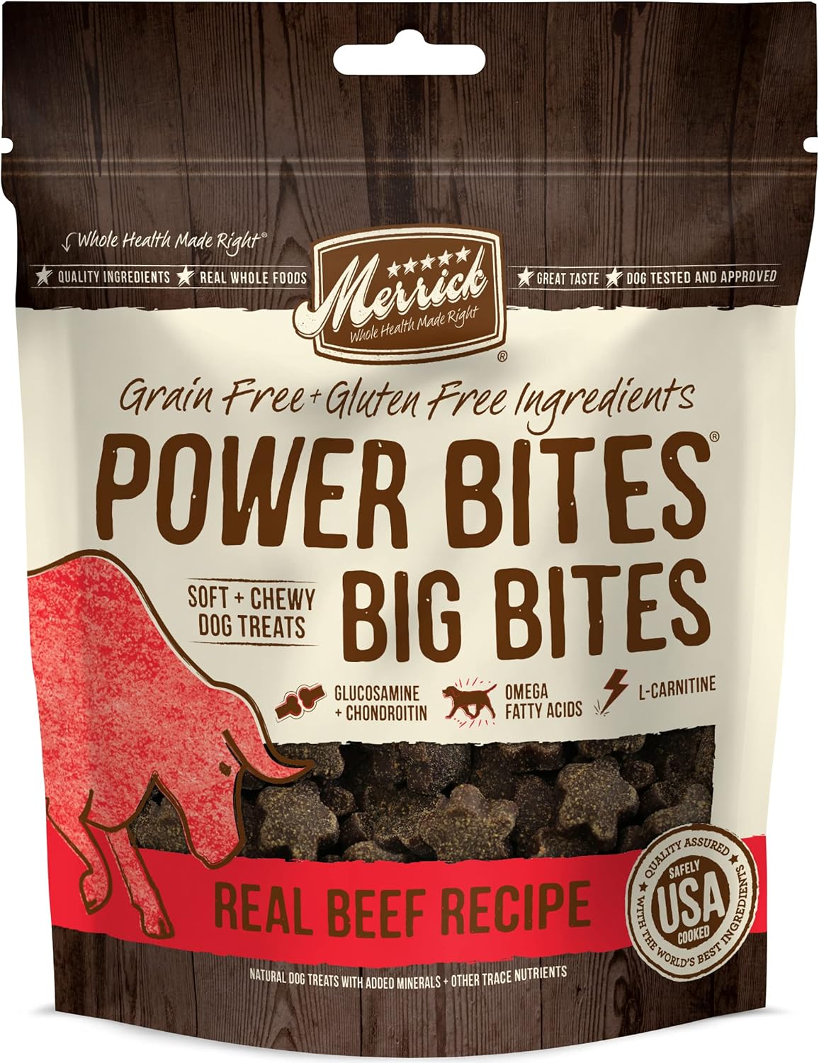 Merrick Power Bites Salmon Grain Free Dog Treats 6 oz Bag | Wholesome and flavorful dog treats made with salmon as the #1 ingredient, perfect for anytime snacking or training rewards