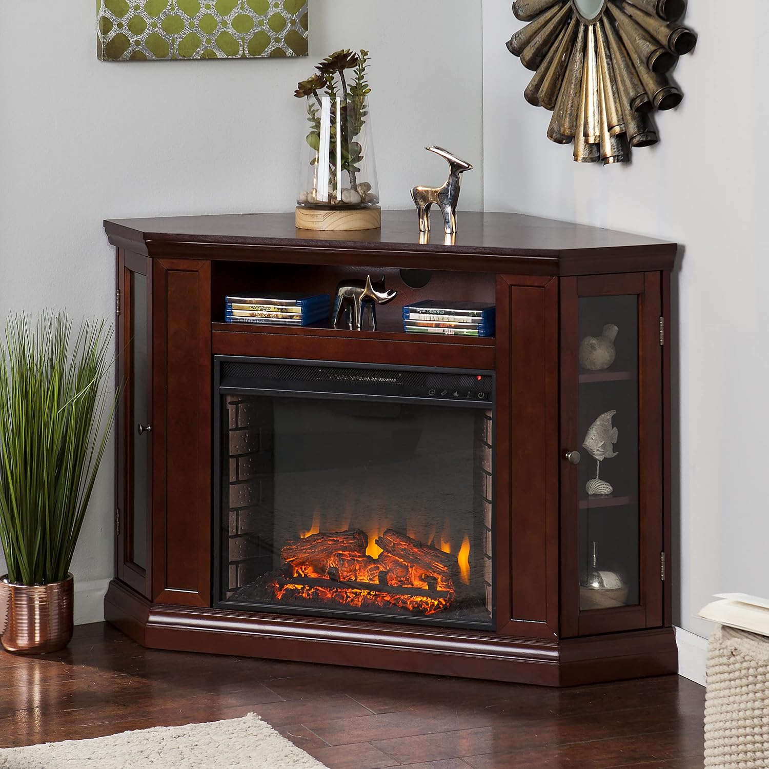 SEI Furniture Claremont Convertible Corner Electric Fireplace Media Stand with Storage, Black