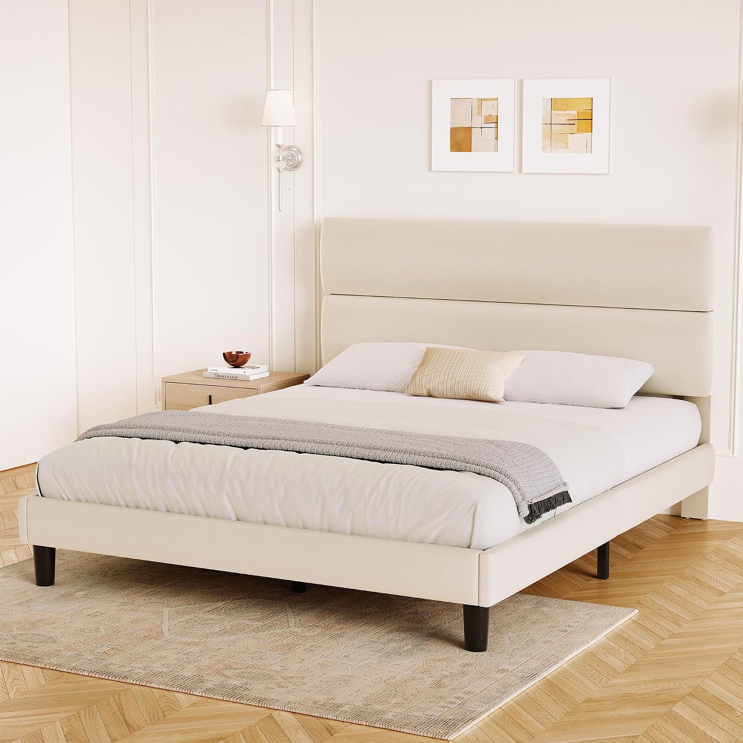 GRUSIGN Queen Size Platform Bed Frame with Velvet Headboard, Adjustable Height Wooden Slats Support, Upholstered Mattress Foundation, Fits Mattress or Mattress with Box Spring, Easy Assembly, Beige