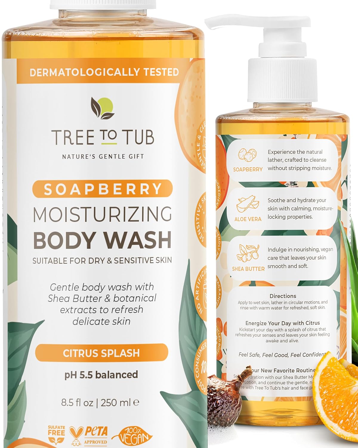 Tree To Tub Soapberry Body Wash for Dry, Sensitive Skin, pH 5.5, 8.5 Fl Oz | Sulfate & Paraben-Free, Rich Lather, Fragrance-Free, Shea Butter & Aloe Vera, Vegan & Cruelty-Free, Gentle for Daily Use