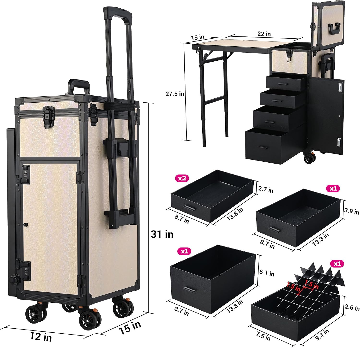 BYOOTIQUE Portable Nail Desk with 4 Storage Drawer Rolling Manicure Table