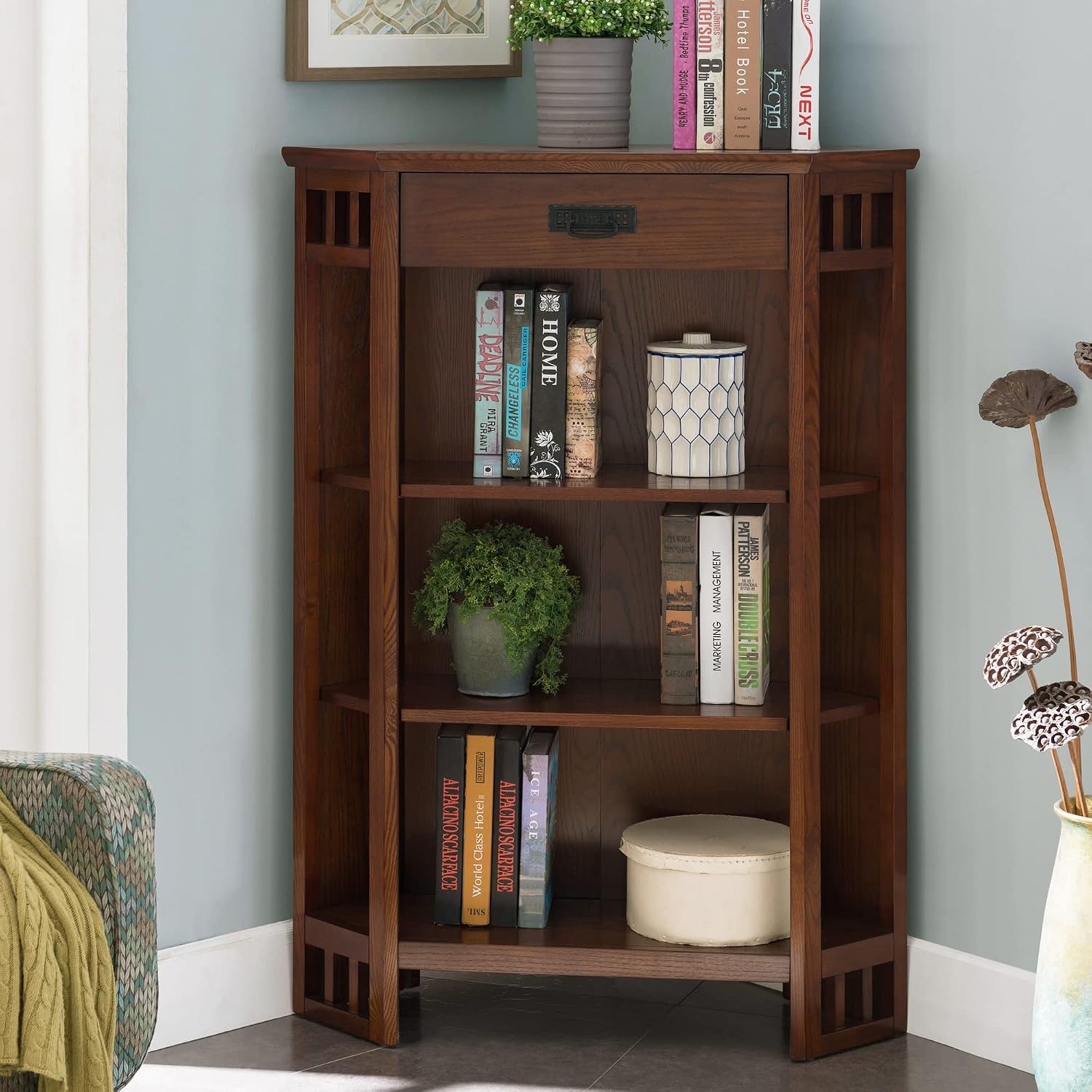 Leick Home Mission Corner Bookcase, 36", Mission Oak | Adjustable Shelves, Freestanding, Traditional, Wood, Furniture, 82263