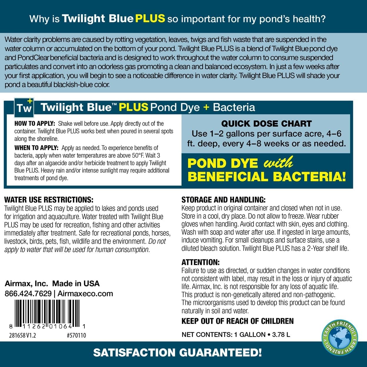 Airmax Pond Dye Plus, Nature's Blue Pond & Lake Water Colorant, 1 Gallon | Natural beneficial bacteria clarifier shades plants and algae from sunlight; fish and livestock safe