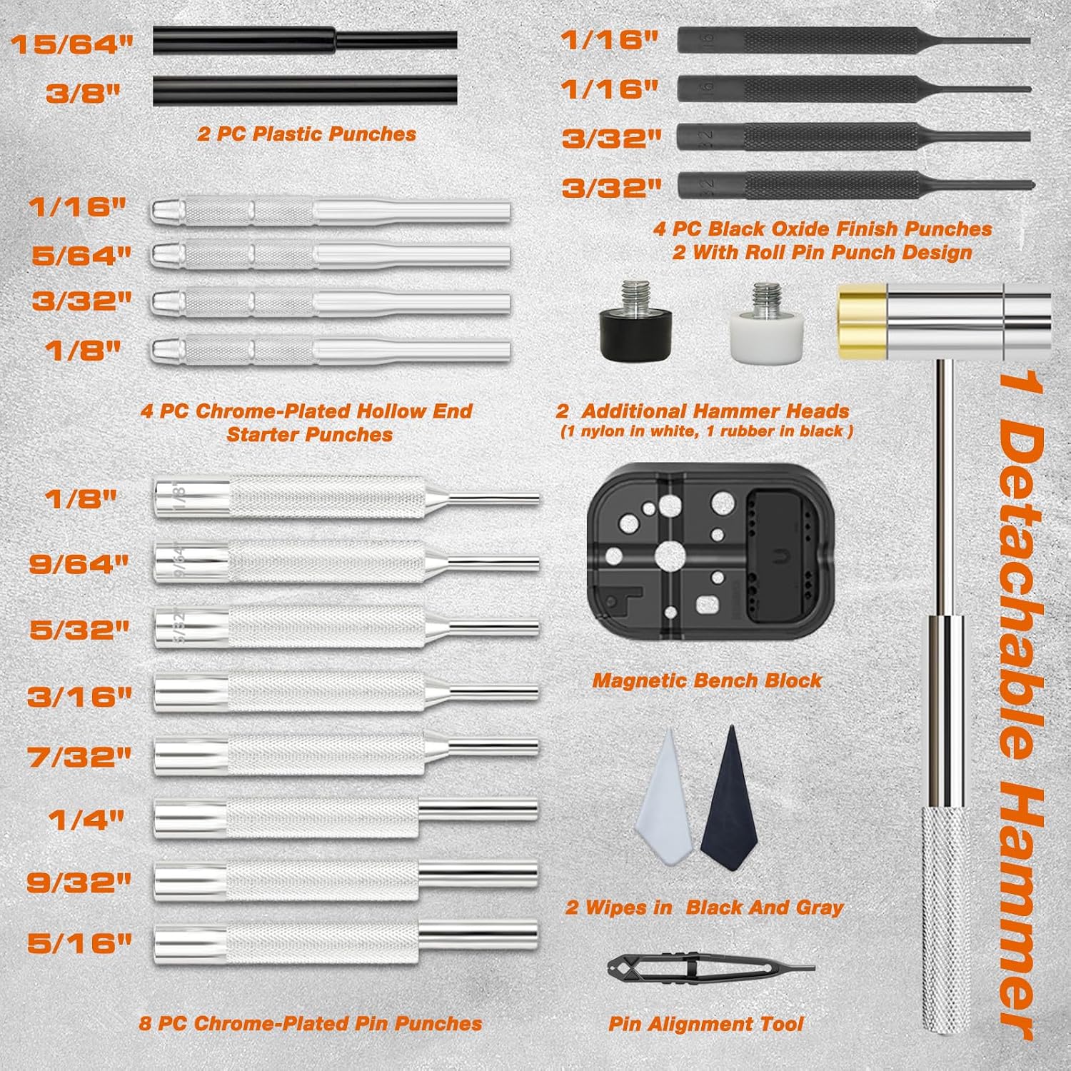 BESTNULE 24pc Punch Set and Hammer, Roll Pin Punch Set & Tweezers & Wipes