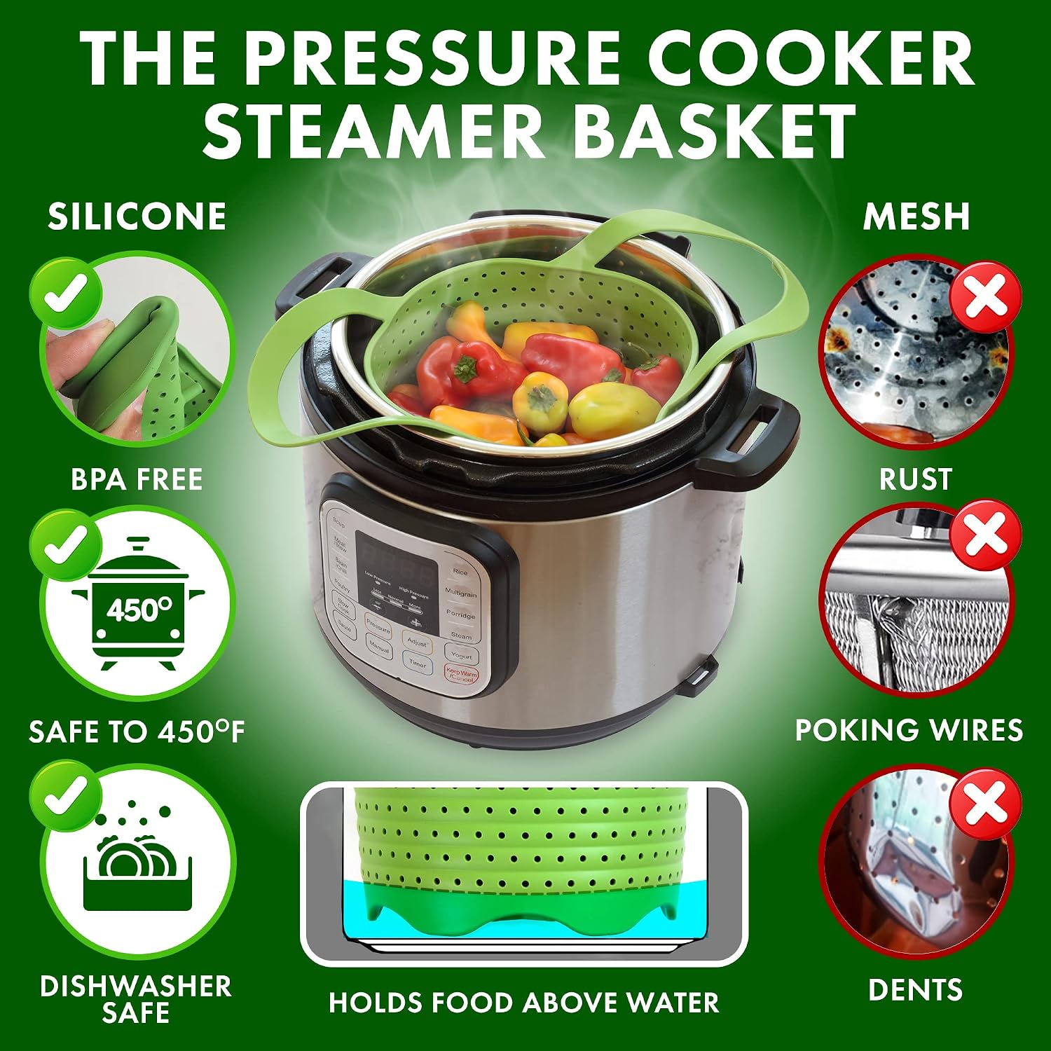 Avokado Silicone Steamer Basket for 3qt Instant Pot [6qt, 8qt avail], Other Pressure Cookers - 100% Food Safe, BPA-Free
