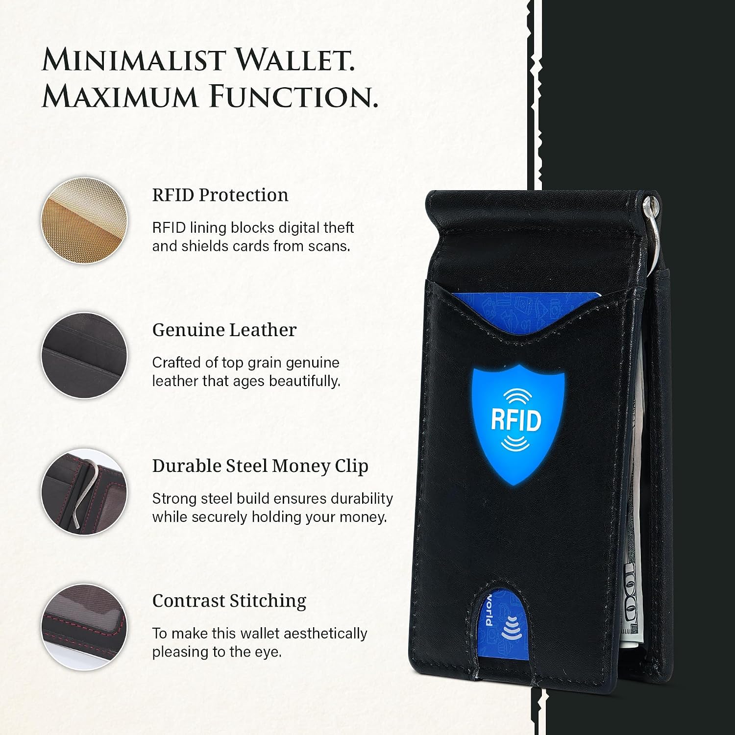 Genuine Bison Leather Wallet for Men, RFID Slim, Brown | Genuine bison leather wallet for men with RFID blocking and curved front pocket fit. Rugged slim everyday carry, brown.
