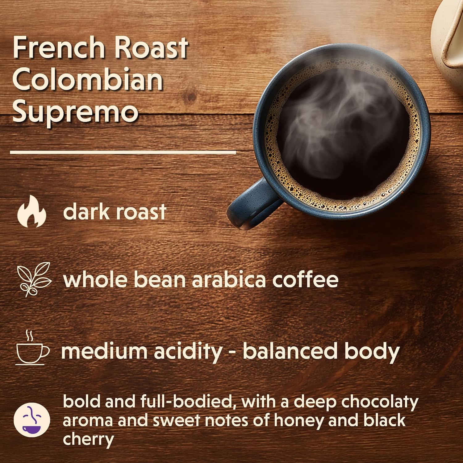 Coffee Bean Direct French Roast Colombian Supremo, Whole Bean, 1lb Bag | Dark Roast, Single Origin Arabica Coffee Beans