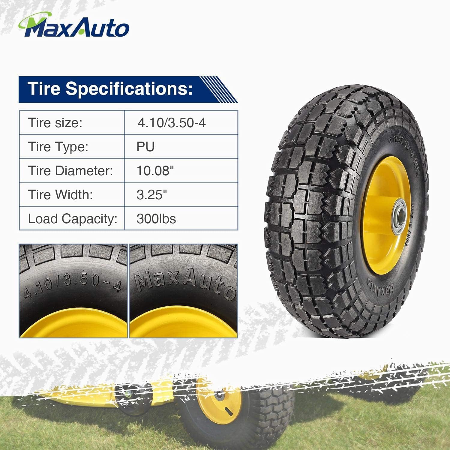 MaxAuto 4.10 3.50-4 Flat Free Tire, 2.25" Offset Hub, 5/8" Bearings, 4 pack