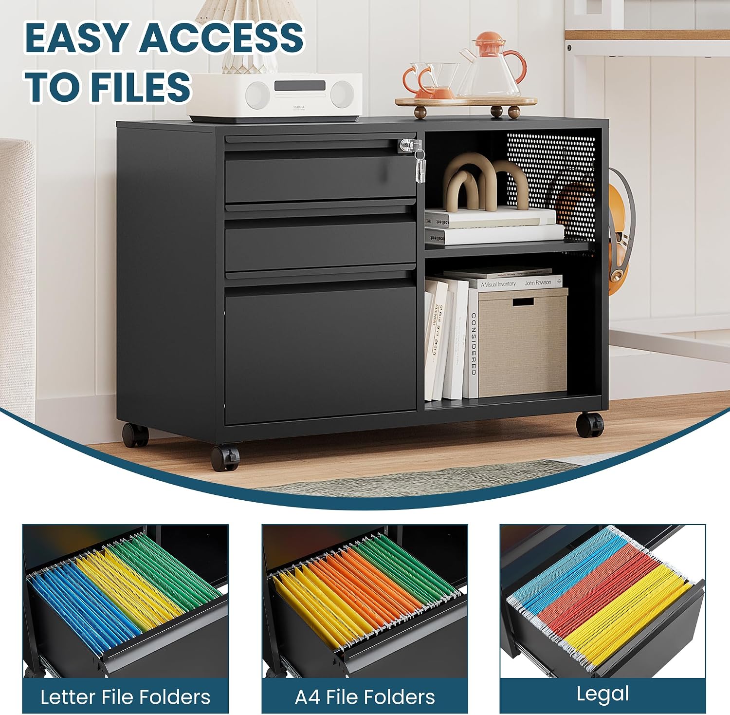 MIIIKO 3 Drawer File Cabinet with Lock, Metal Lateral Rolling Printer Stand Filing Cabinets for Home Office Storage,A4, Letter,File Folders(White)