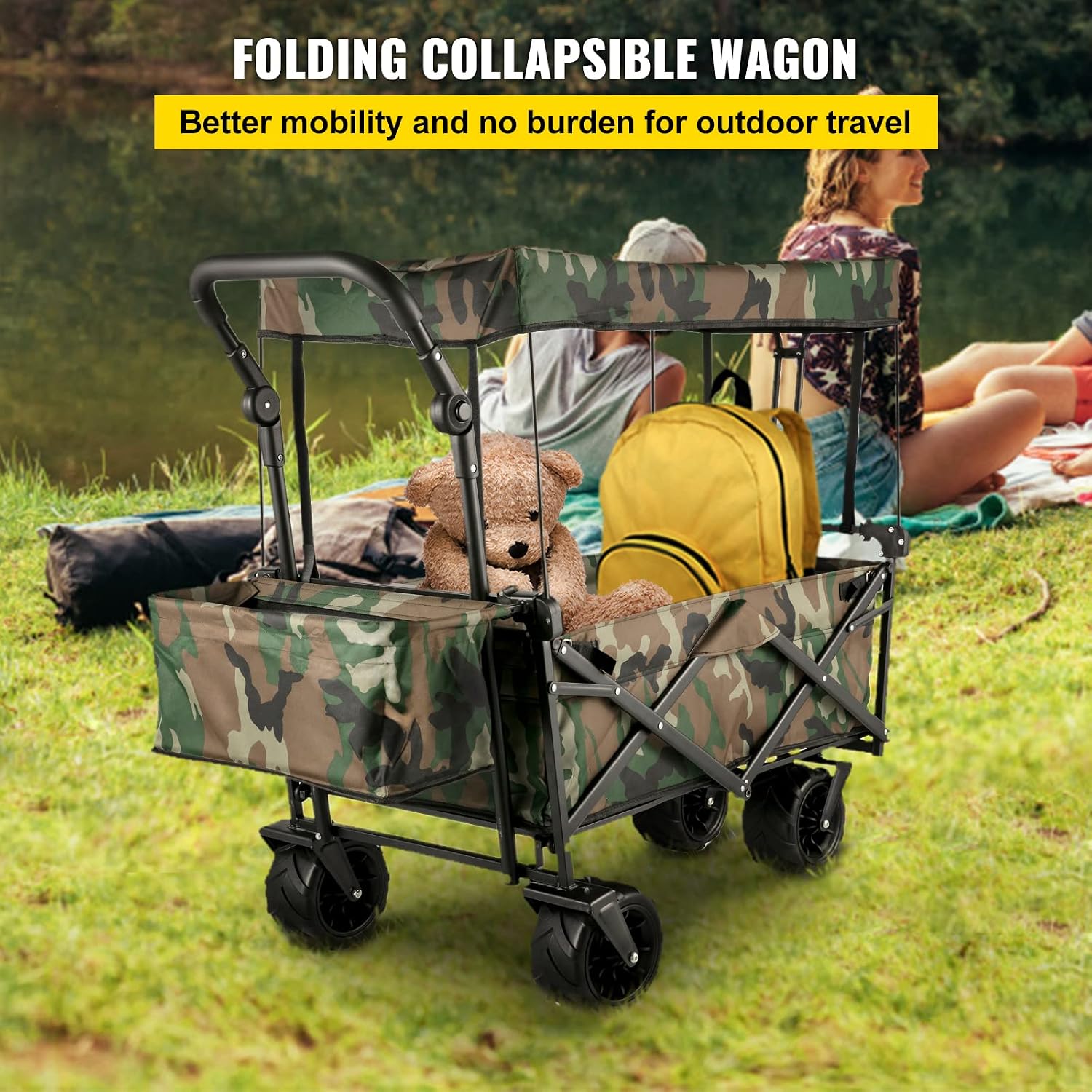 Happbuy Collapsible Wagon with Removable Canopy, 220lbs Heavy Duty Foldable Beach Wagon with Big Wheels