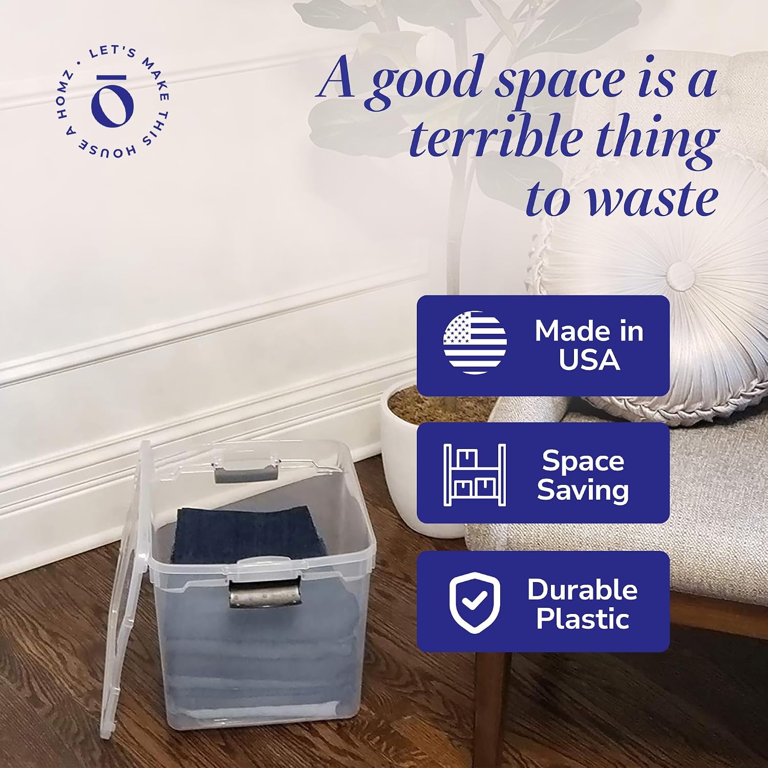 HOMZ Clear Plastic Storage Bins with Latching Lid, 15.5 Qt, Blue, 4 Pack | Stackable Container Set for Home, Office Shelves, Kitchen, Garage, and Bathroom Organization