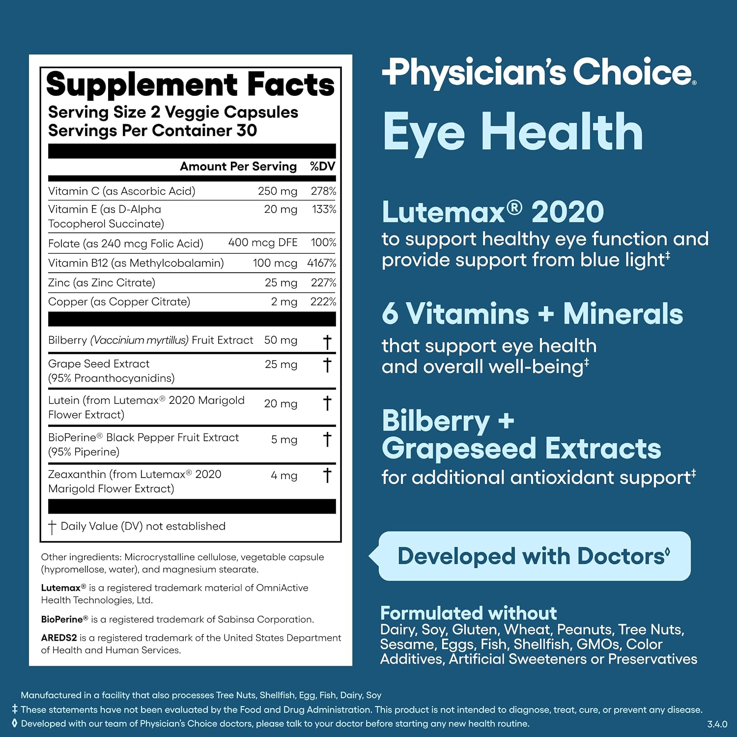 Physician's Choice Eye Health - Lutein, Zeaxanthin & Bilberry Extract - Supports Eye Strain, Dry Eyes