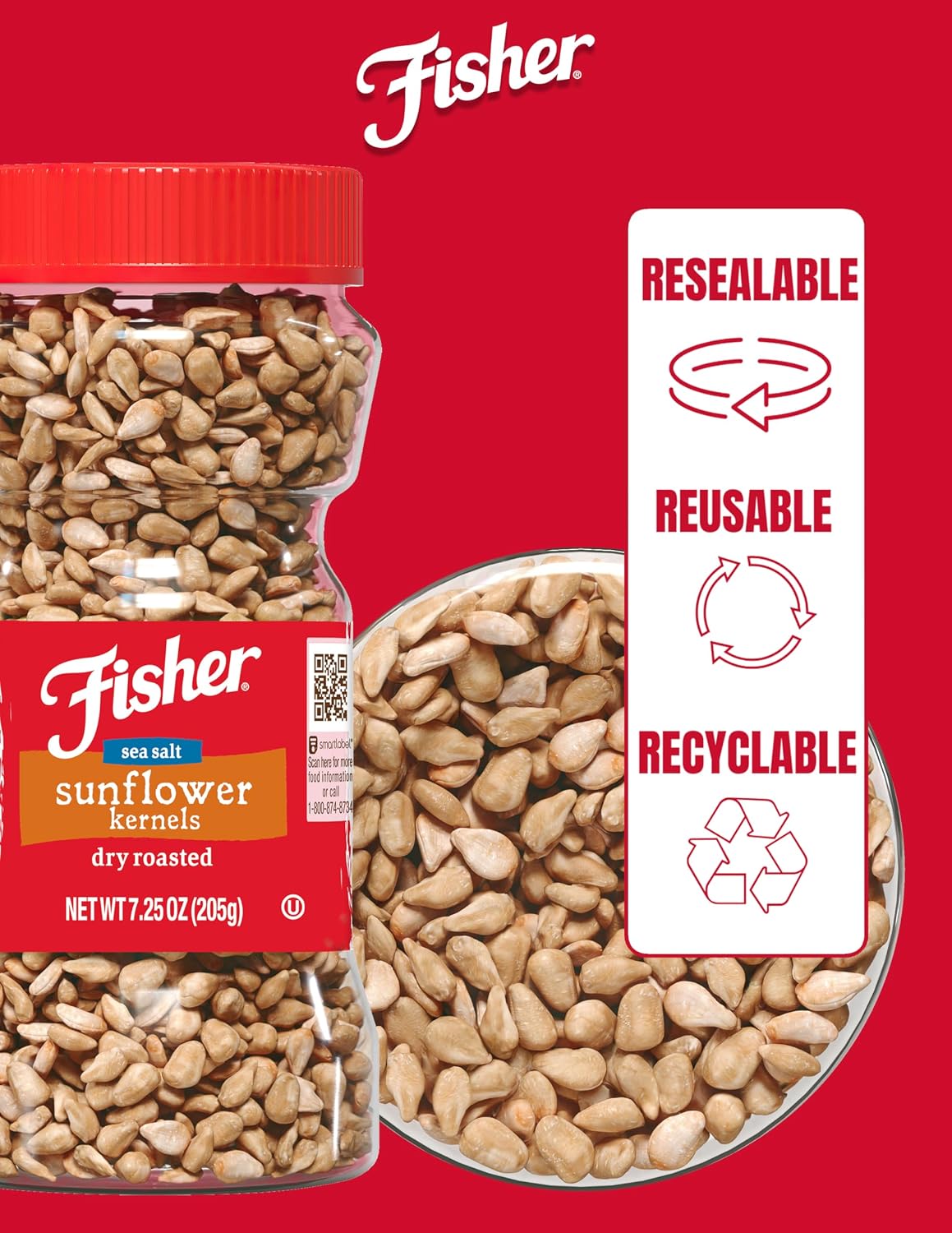 Fisher Dry Roasted Sunflower Seeds Kernels with Sea Salt, 7.25 oz, Sunflower Seeds to Eat, Gluten-Free, No Sugar Added, Crunchy Snacks for Adults, Perfect for Salads, Yogurt, & On-the-Go Snacking