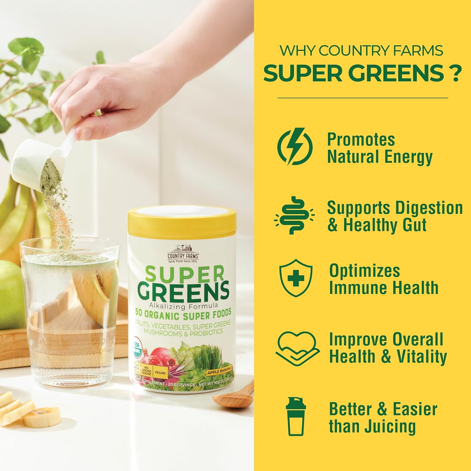 Country Farms Organic Super Greens Powder, Daily Greens Drink Mix with 50 Organic Superfoods, Fruits, Vegetables, Fiber, Mushrooms & Probiotics for Gut Health, Digestion & Energy, Berry Flavor