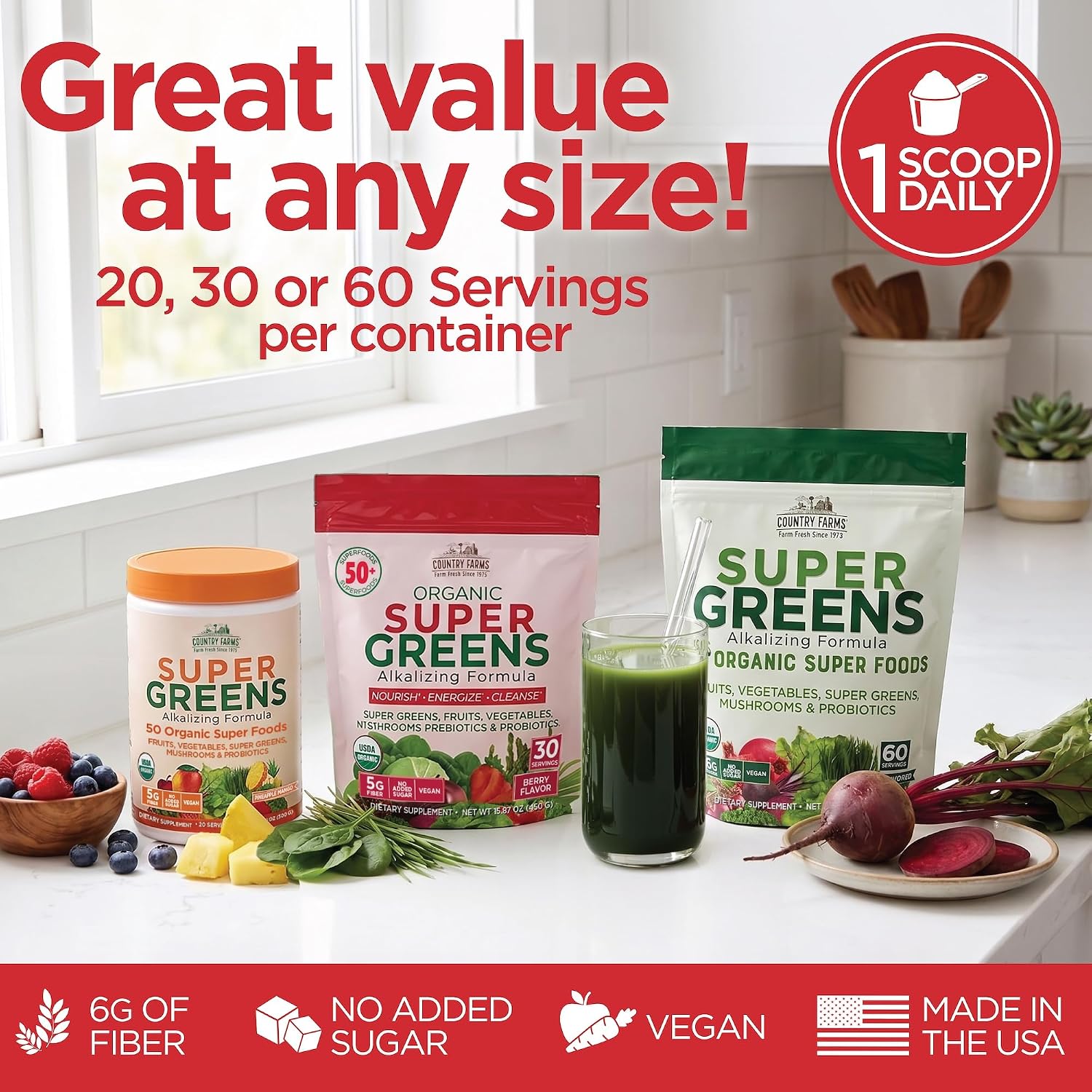 Country Farms Organic Super Greens Powder, Daily Greens Drink Mix with 50 Organic Superfoods, Fruits, Vegetables, Fiber, Mushrooms & Probiotics for Gut Health, Digestion & Energy, Berry Flavor