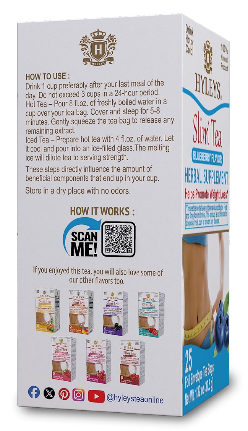 HYLEYS Slim Tea Goji Berry, Weight Loss Detox, Slimming Diet Tea, 25 Bags | Green Tea, Senna Detox & Cleanse, 3 Natural Ingredients, No Added Sugar, 1-Step Bedtime Routine, Supports Digestion