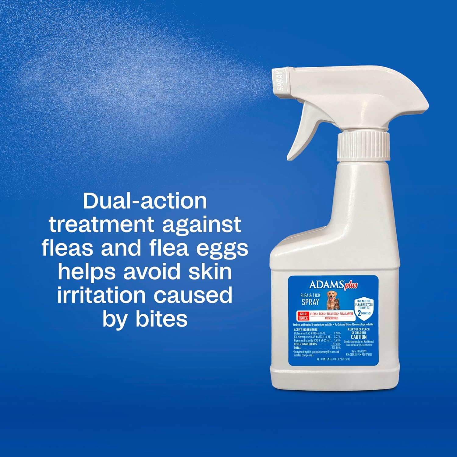 ADAMS Plus Flea and Tick Spray for Dogs & Cats, Kills Fleas and Ticks, Repels Mosquitoes, Prevents Infestations up to 2 Months, Treatment for Dogs, Cats, Puppies & Kittens, 16 Fl Oz