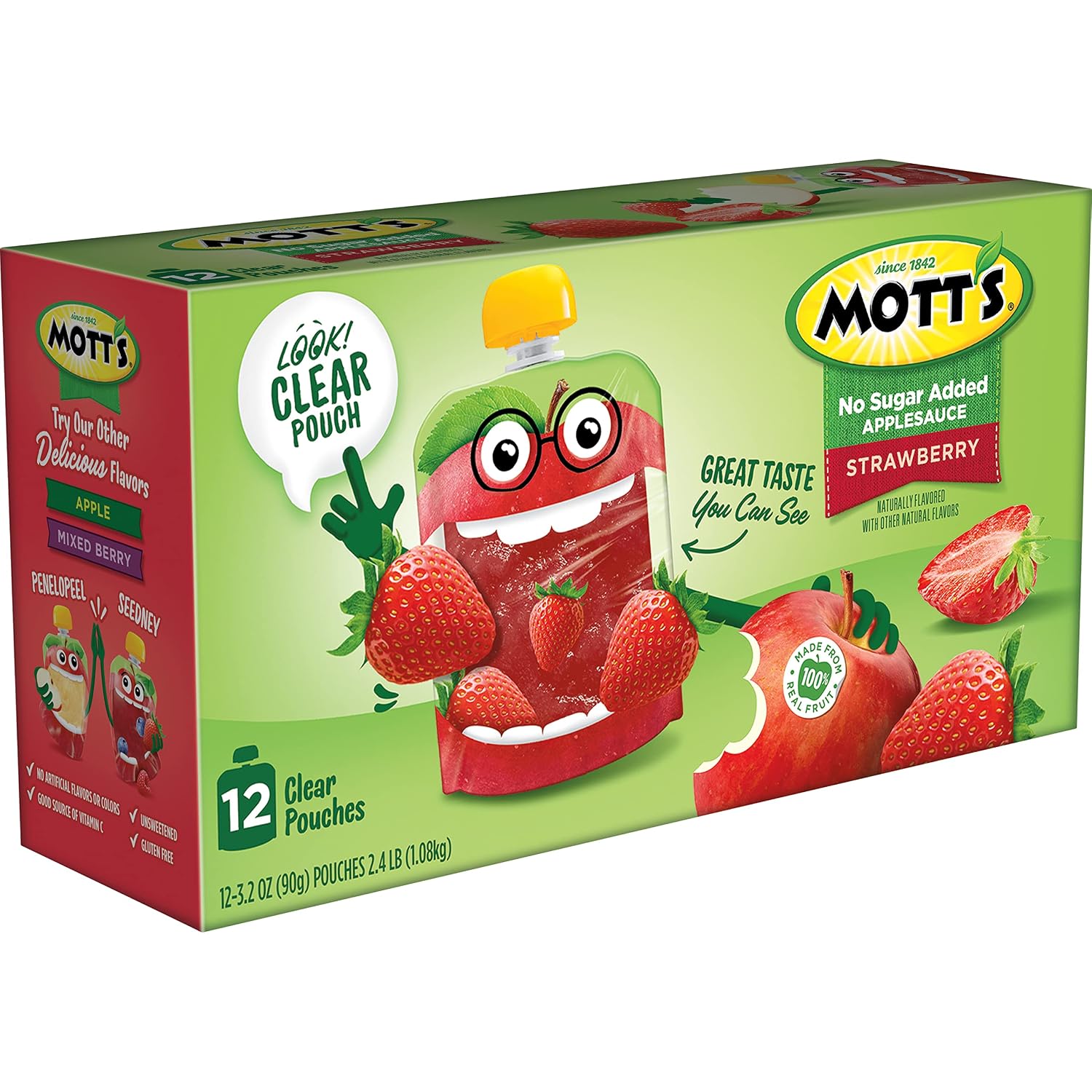 Mott's No Sugar Added Strawberry Applesauce, 3.2 Oz Clear Pouches, 48 Count (4 Packs Of 12), Good Source Of Vitamin C, No Artificial Flavors