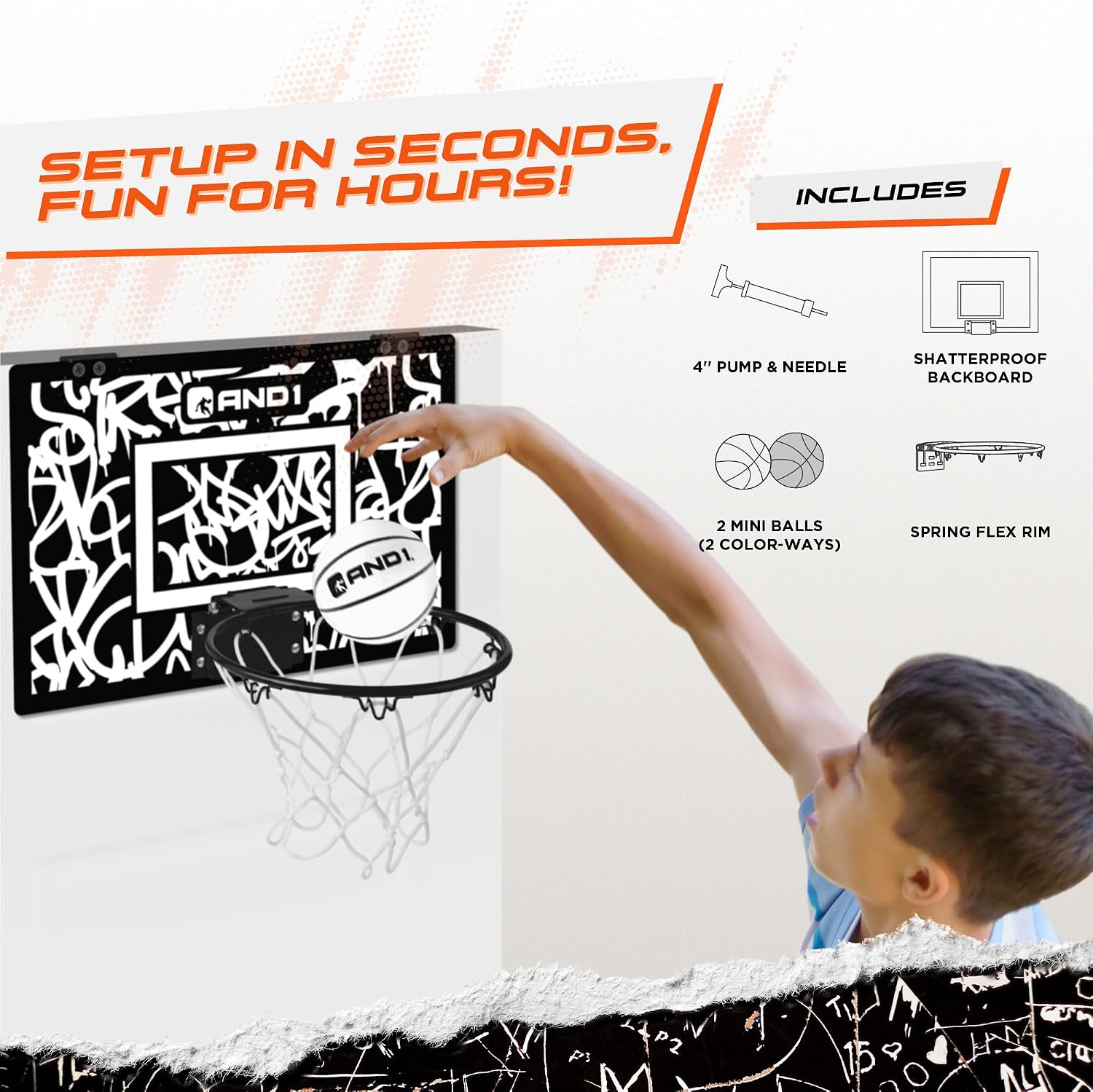 AND1 Over the Door Mini Basketball Hoop: 18x12 Shatterproof Backboard, 2 Mini Basketballs