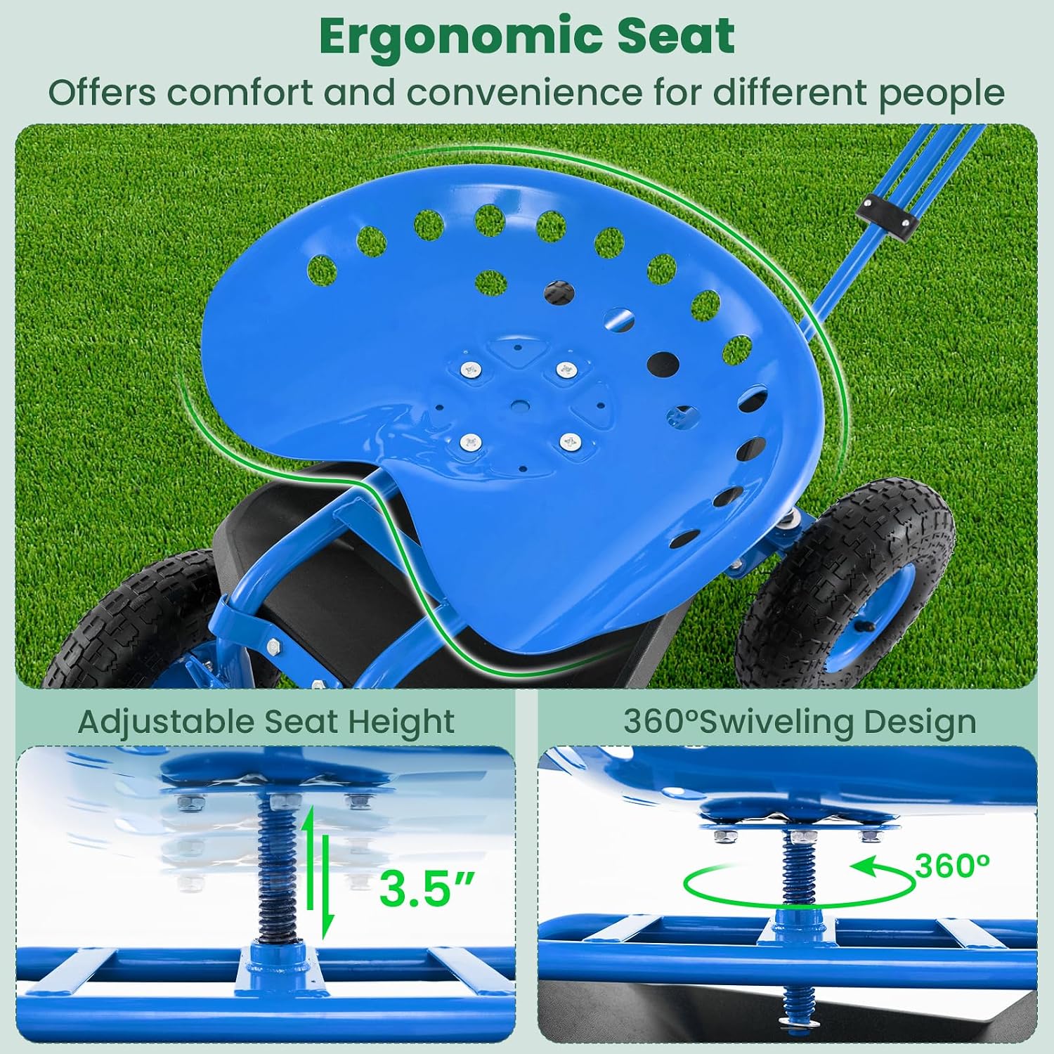 Giantex Rolling Garden Cart with Seat, 4-Wheel Gardening Workseat with Storage Basket, Swivel Stool Adjustable Seat, Steering Handle